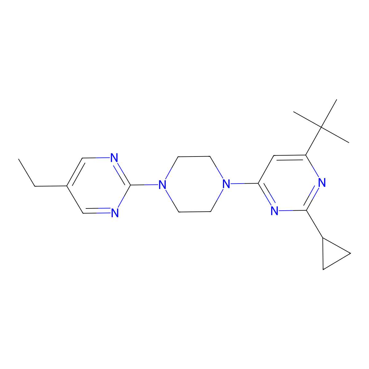 4-Tert-butyl-2-cyclopropyl-6-[4-(5-ethylpyrimidin-2-yl)piperazin-1-yl]pyrimidine molecular structure, CAS 2549017-35-6