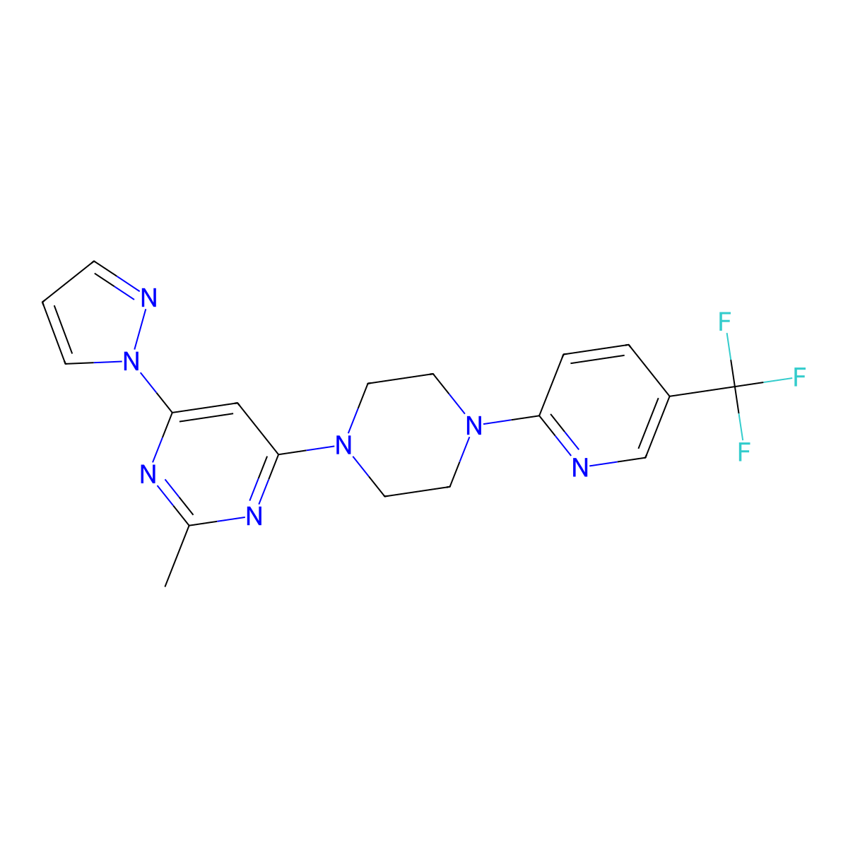 2-methyl-4-(1H-pyrazol-1-yl)-6-{4-[5-(trifluoromethyl)pyridin-2-yl]piperazin-1-yl}pyrimidine molecular structure, CAS 2549017-41-4