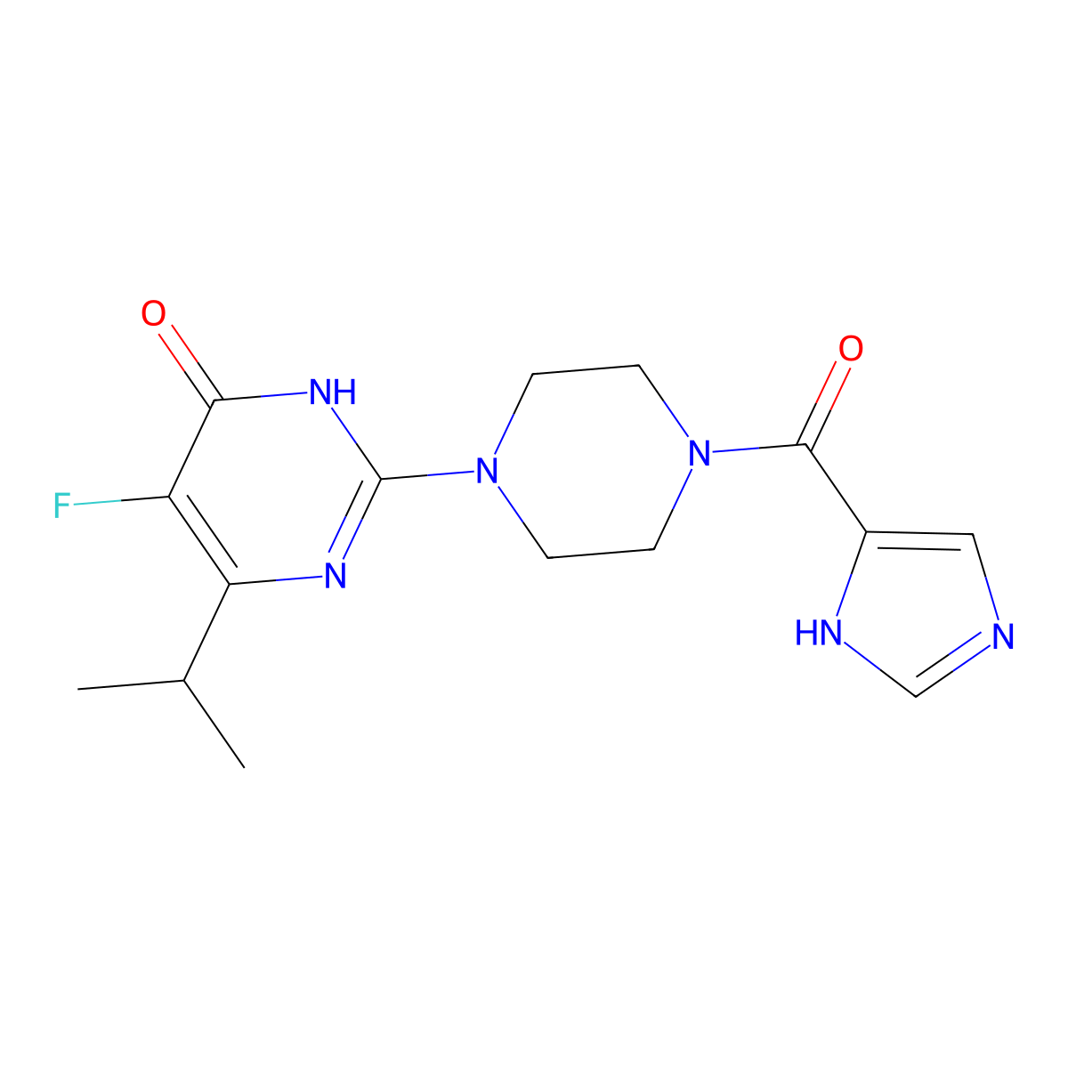 5-fluoro-2-[4-(1H-imidazole-4-carbonyl)piperazin-1-yl]-6-(propan-2-yl)-3,4-dihydropyrimidin-4-one molecular structure, CAS 2549017-47-0