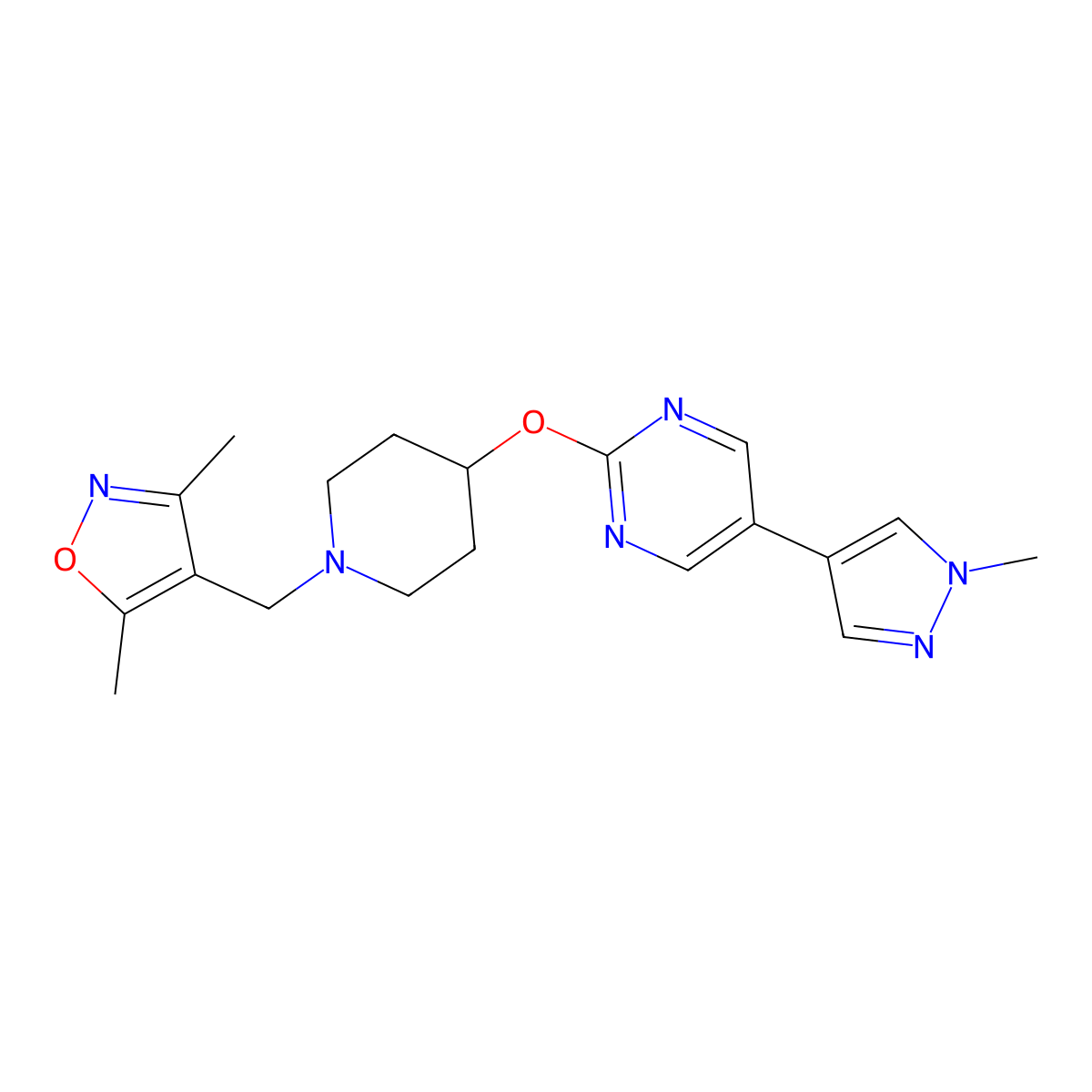 2-({1-[(3,5-dimethyl-1,2-oxazol-4-yl)methyl]piperidin-4-yl}oxy)-5-(1-methyl-1H-pyrazol-4-yl)pyrimidine molecular structure, CAS 2549017-49-2