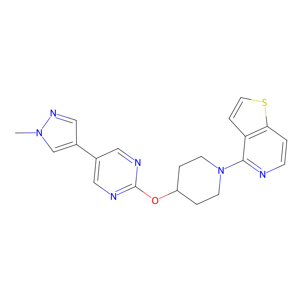 5-(1-methyl-1H-pyrazol-4-yl)-2-[(1-{thieno[3,2-c]pyridin-4-yl}piperidin-4-yl)oxy]pyrimidine molecular structure, CAS 2549017-59-4