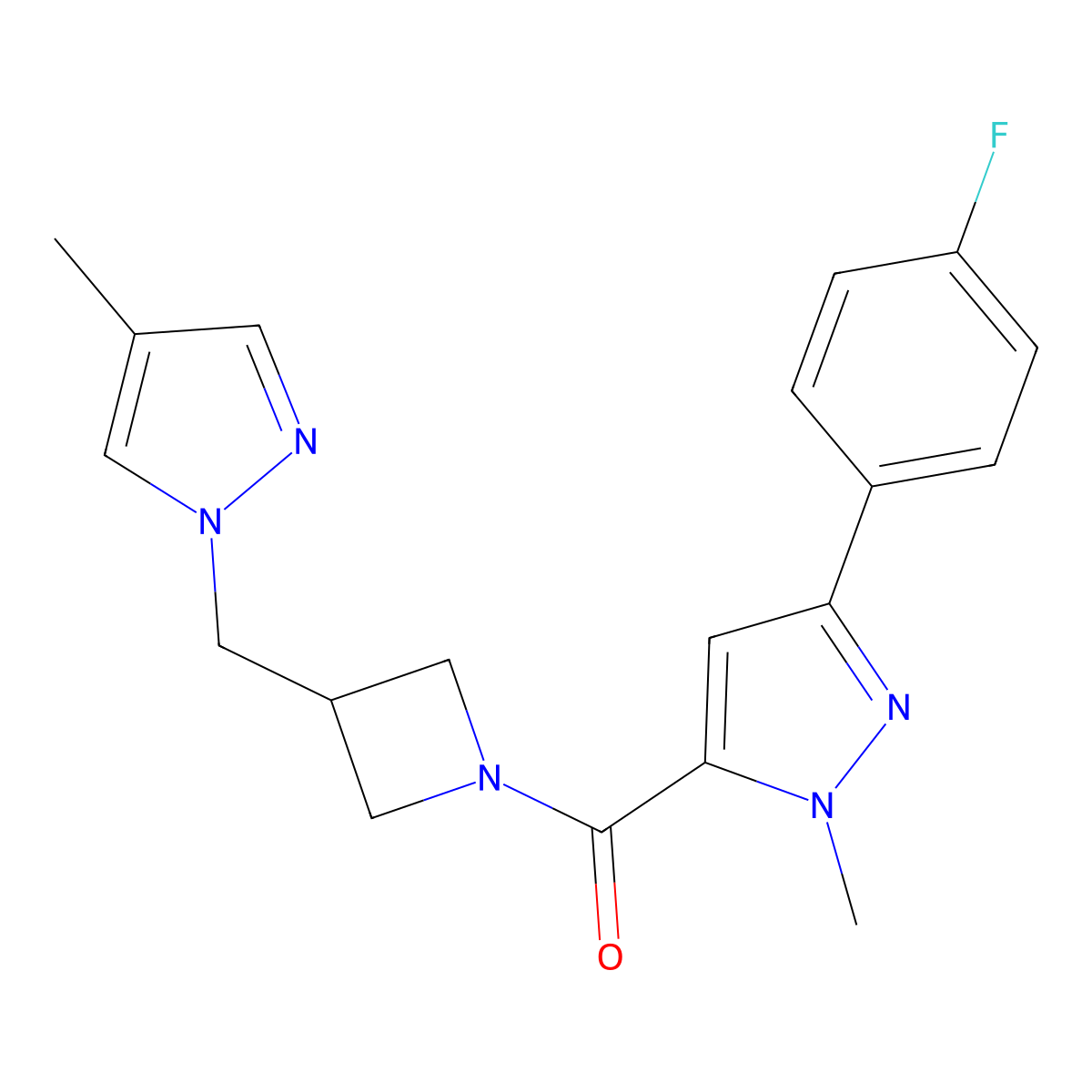 3-(4-fluorophenyl)-1-methyl-5-{3-[(4-methyl-1H-pyrazol-1-yl)methyl]azetidine-1-carbonyl}-1H-pyrazole molecular structure, CAS 2549017-60-7
