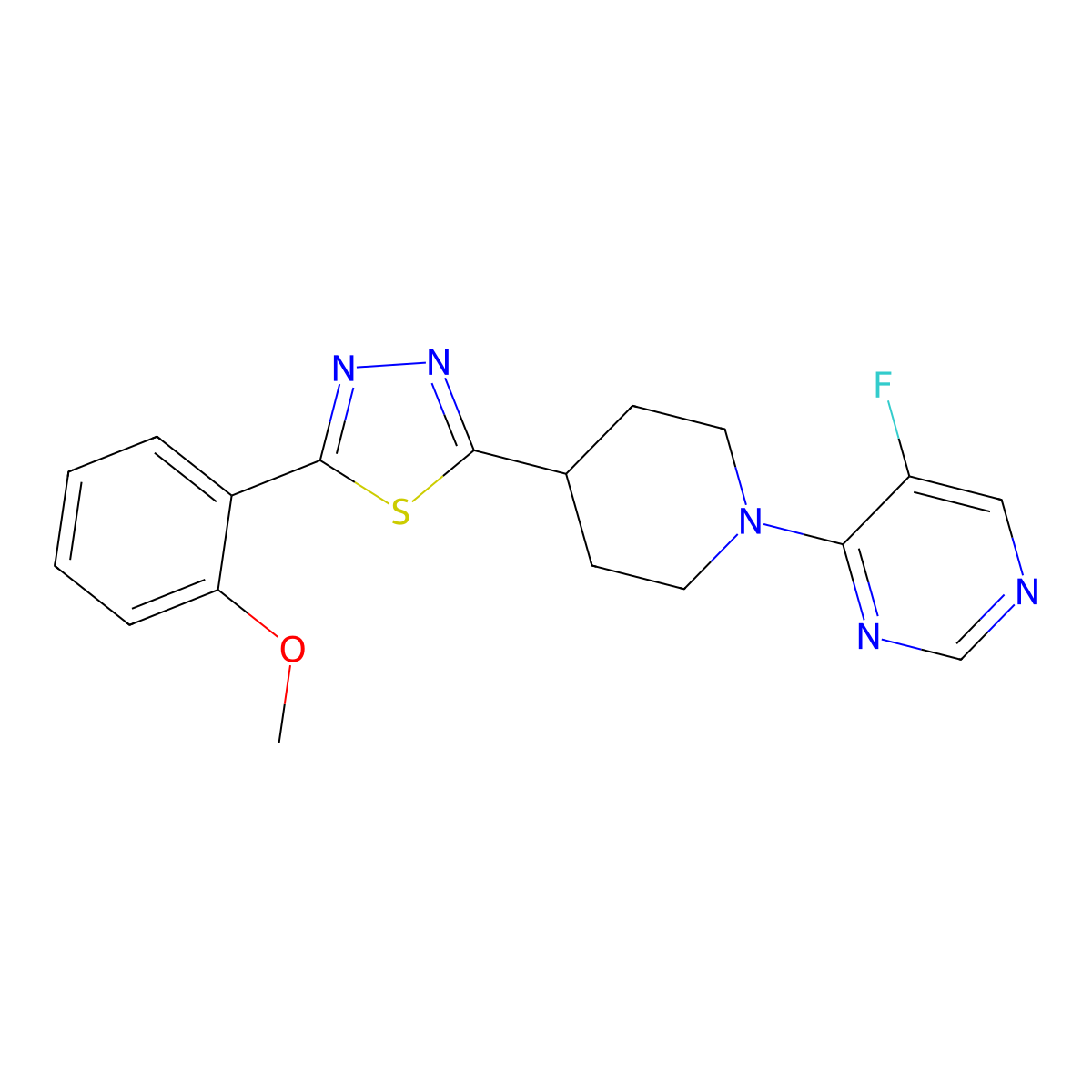 5-Fluoro-4-{4-[5-(2-methoxyphenyl)-1,3,4-thiadiazol-2-yl]piperidin-1-yl}pyrimidine molecular structure, CAS 2549017-71-0