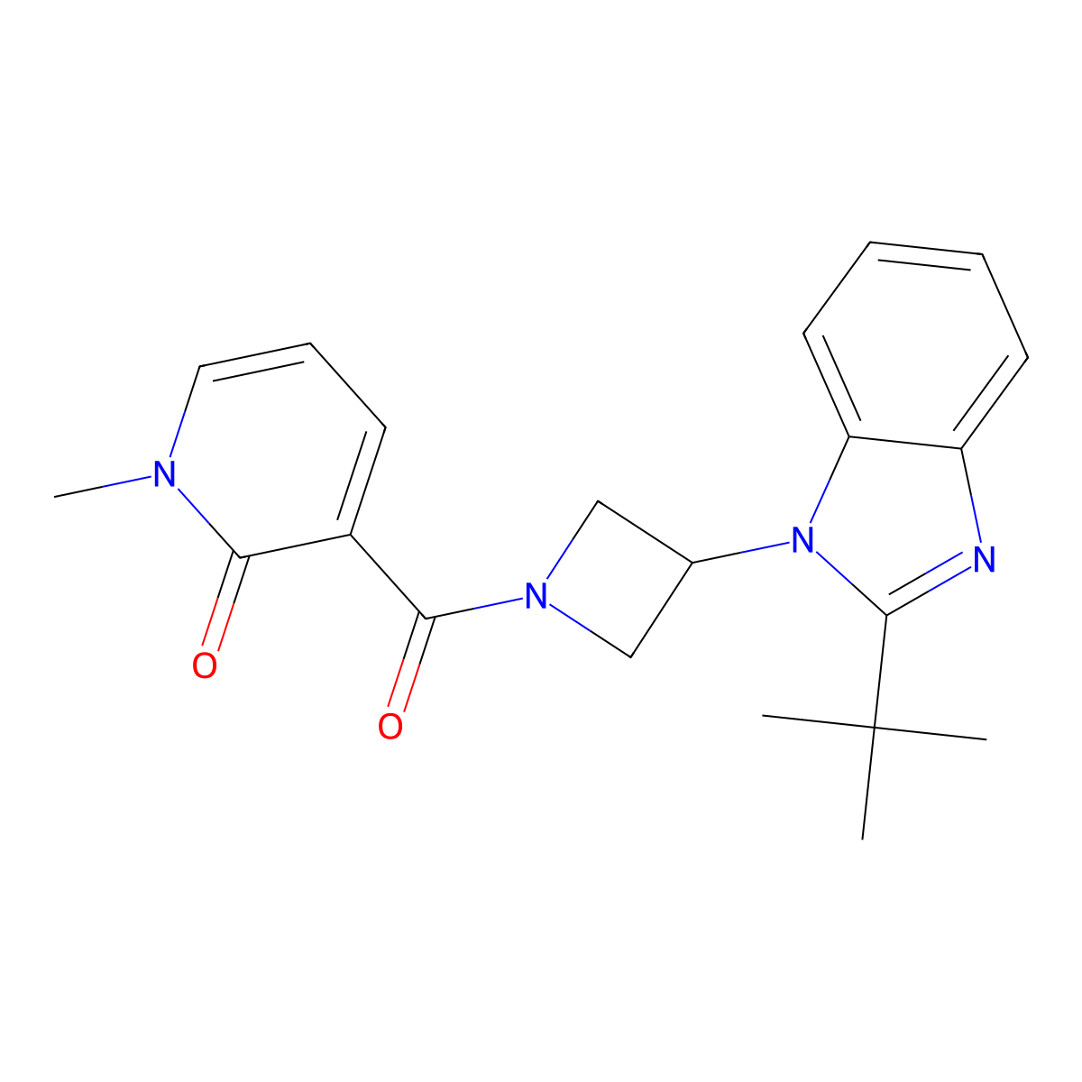 3-[3-(2-tert-butyl-1H-1,3-benzodiazol-1-yl)azetidine-1-carbonyl]-1-methyl-1,2-dihydropyridin-2-one molecular structure, CAS 2549017-79-8