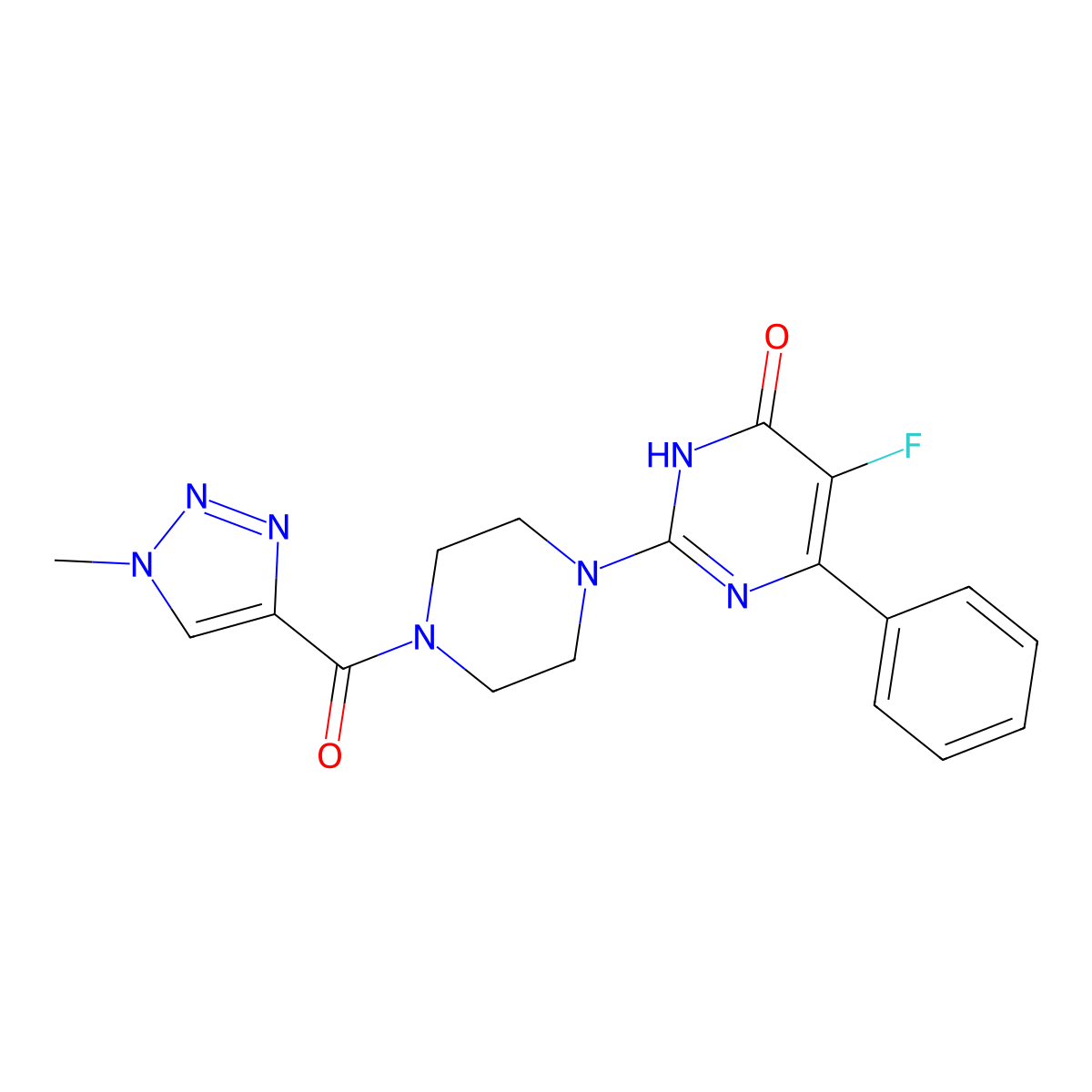5-fluoro-2-[4-(1-methyl-1H-1,2,3-triazole-4-carbonyl)piperazin-1-yl]-6-phenyl-3,4-dihydropyrimidin-4-one molecular structure, CAS 2549017-81-2