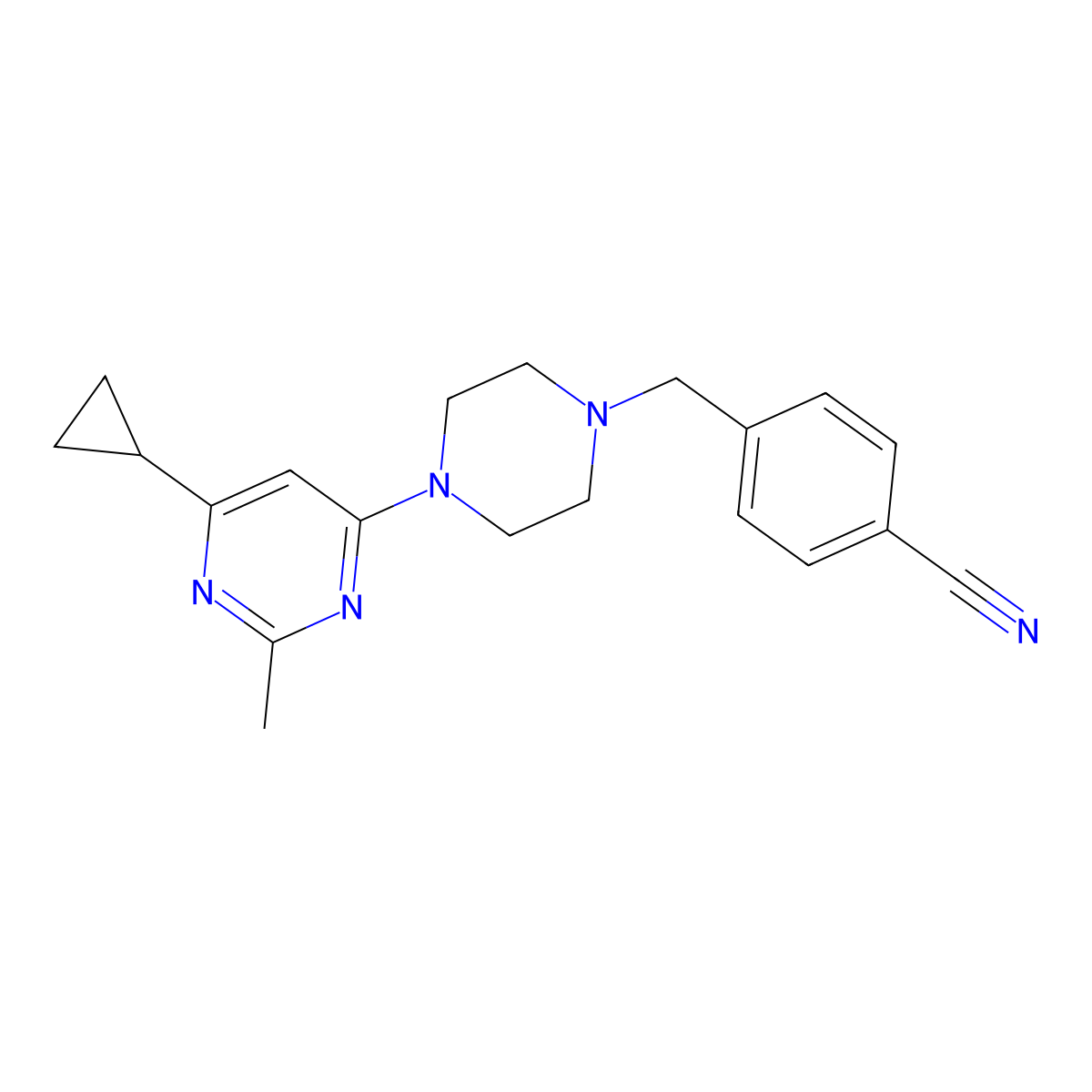 4-{[4-(6-Cyclopropyl-2-methylpyrimidin-4-yl)piperazin-1-yl]methyl}benzonitrile molecular structure, CAS 2549017-84-5
