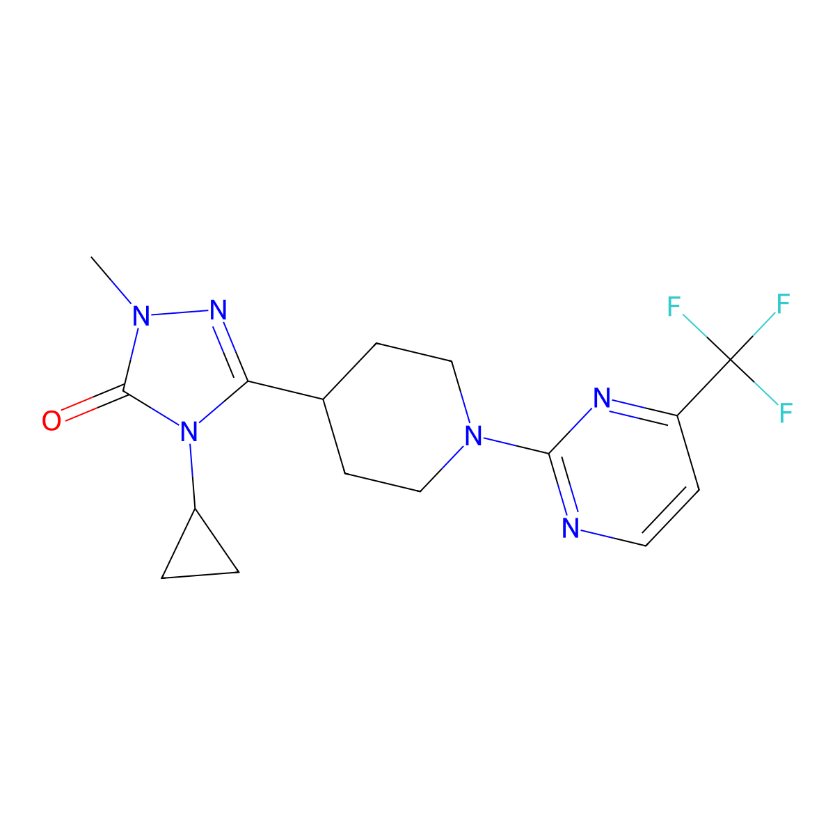4-cyclopropyl-1-methyl-3-{1-[4-(trifluoromethyl)pyrimidin-2-yl]piperidin-4-yl}-4,5-dihydro-1H-1,2,4-triazol-5-one molecular structure, CAS 2549017-88-9
