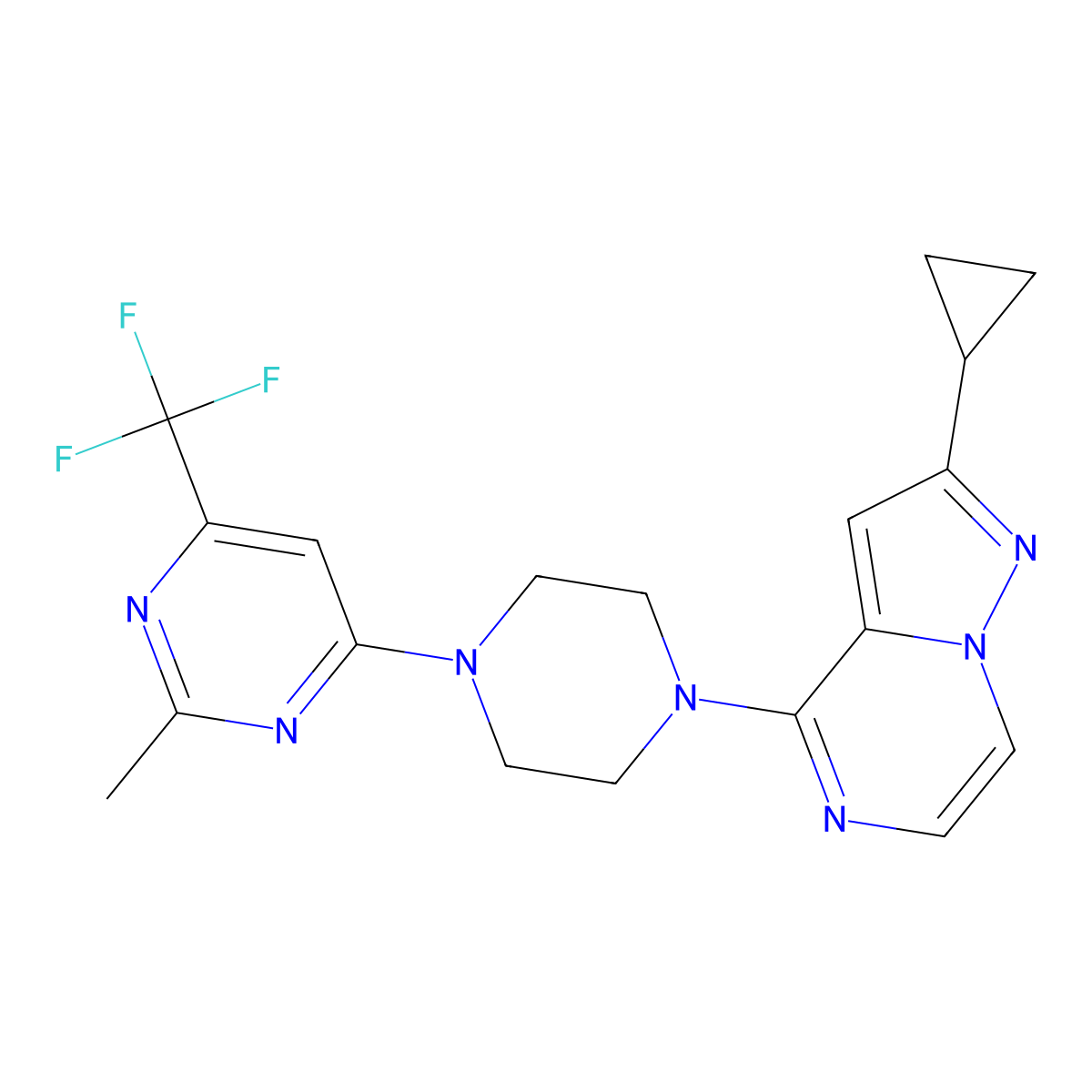 4-(4-{2-Cyclopropylpyrazolo[1,5-a]pyrazin-4-yl}piperazin-1-yl)-2-methyl-6-(trifluoromethyl)pyrimidine molecular structure, CAS 2549018-35-9