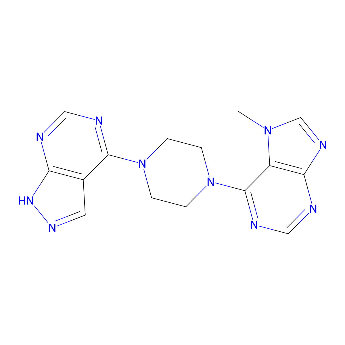 7-methyl-6-(4-{1H-pyrazolo[3,4-d]pyrimidin-4-yl}piperazin-1-yl)-7H-purine molecular structure, CAS 2549018-37-1