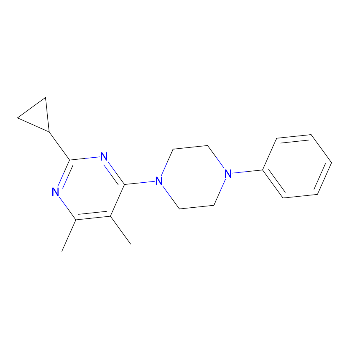 2-Cyclopropyl-4,5-dimethyl-6-(4-phenylpiperazin-1-yl)pyrimidine molecular structure, CAS 2549018-39-3