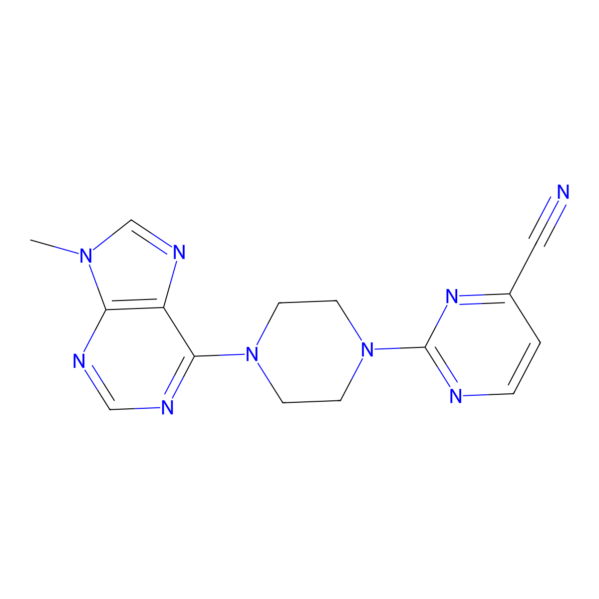 2-[4-(9-methyl-9H-purin-6-yl)piperazin-1-yl]pyrimidine-4-carbonitrile molecular structure, CAS 2549018-42-8
