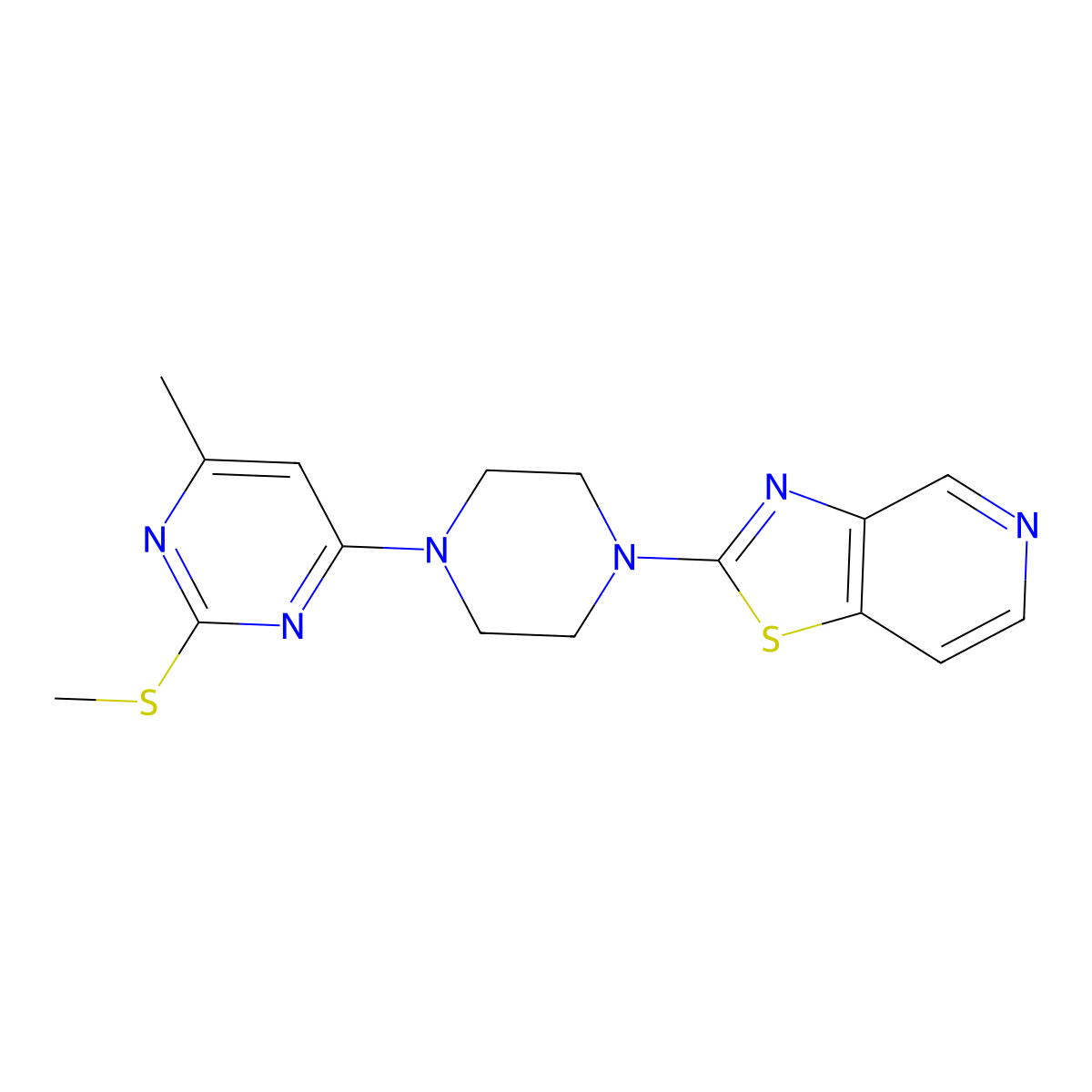4-Methyl-2-(methylsulfanyl)-6-(4-{[1,3]thiazolo[4,5-c]pyridin-2-yl}piperazin-1-yl)pyrimidine molecular structure, CAS 2549018-46-2
