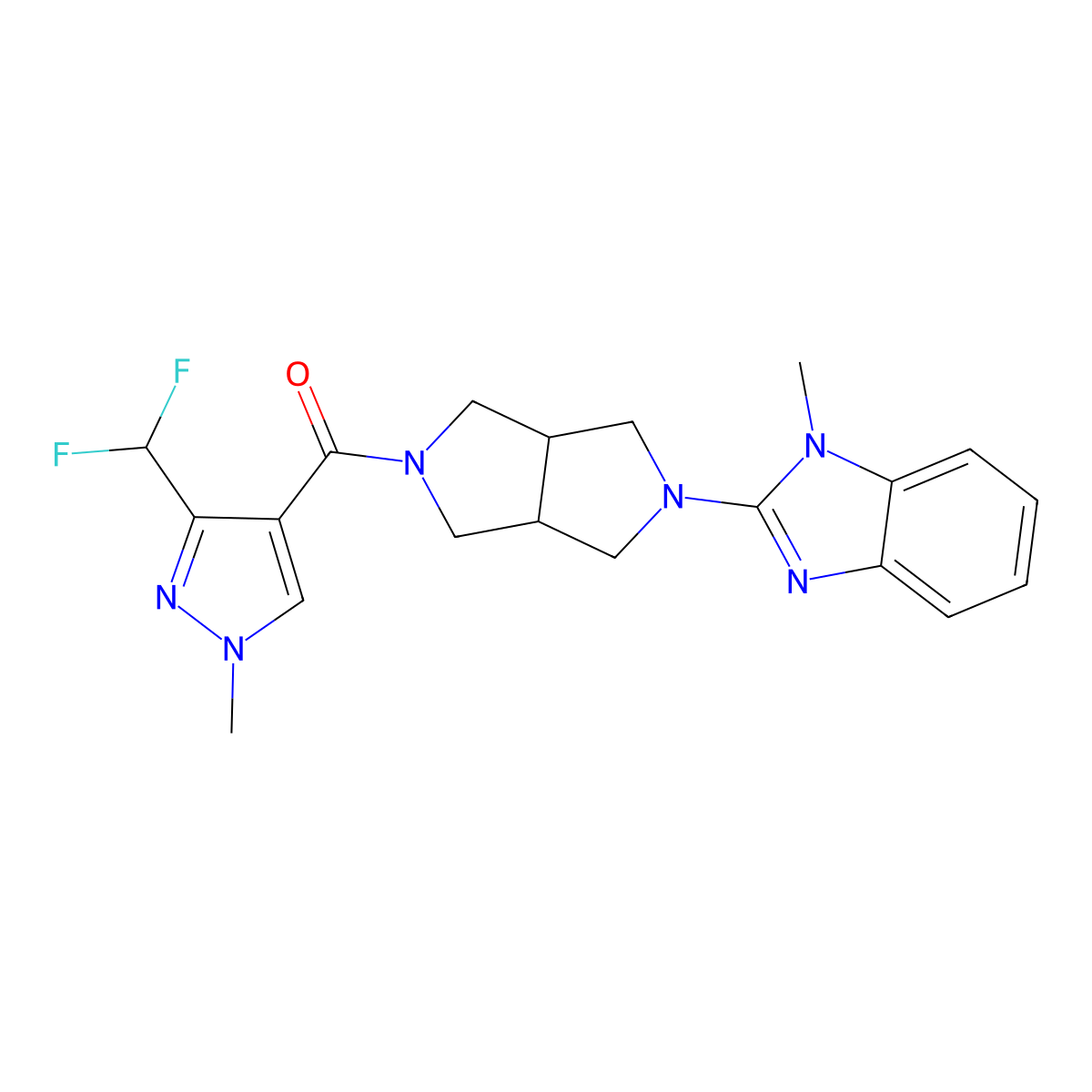 2-{5-[3-(difluoromethyl)-1-methyl-1H-pyrazole-4-carbonyl]-octahydropyrrolo[3,4-c]pyrrol-2-yl}-1-methyl-1H-1,3-benzodiazole molecular structure, CAS 2549018-59-7