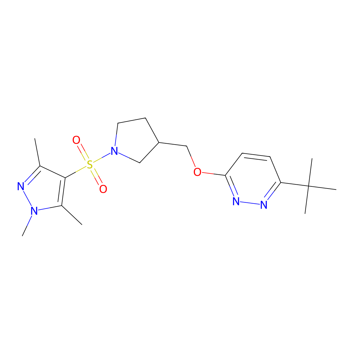 3-tert-butyl-6-({1-[(1,3,5-trimethyl-1H-pyrazol-4-yl)sulfonyl]pyrrolidin-3-yl}methoxy)pyridazine molecular structure, CAS 2549018-60-0