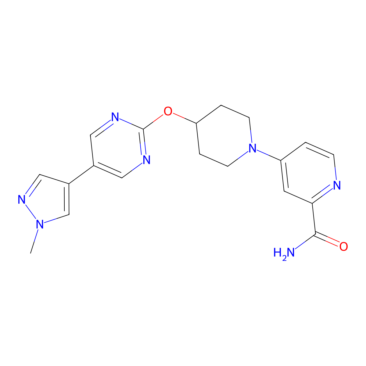 4-(4-{[5-(1-methyl-1H-pyrazol-4-yl)pyrimidin-2-yl]oxy}piperidin-1-yl)pyridine-2-carboxamide molecular structure, CAS 2549018-61-1