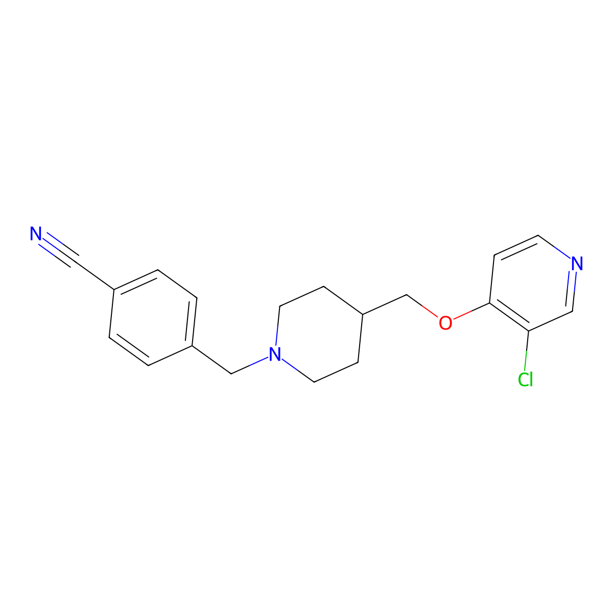 4-[(4-{[(3-Chloropyridin-4-yl)oxy]methyl}piperidin-1-yl)methyl]benzonitrile molecular structure, CAS 2549018-63-3