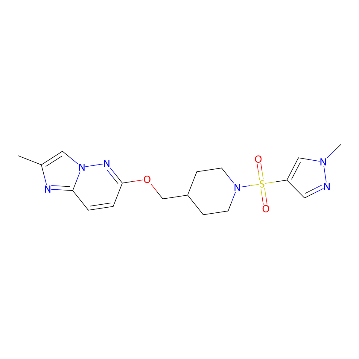 1-[(1-methyl-1H-pyrazol-4-yl)sulfonyl]-4-[({2-methylimidazo[1,2-b]pyridazin-6-yl}oxy)methyl]piperidine molecular structure, CAS 2549018-73-5