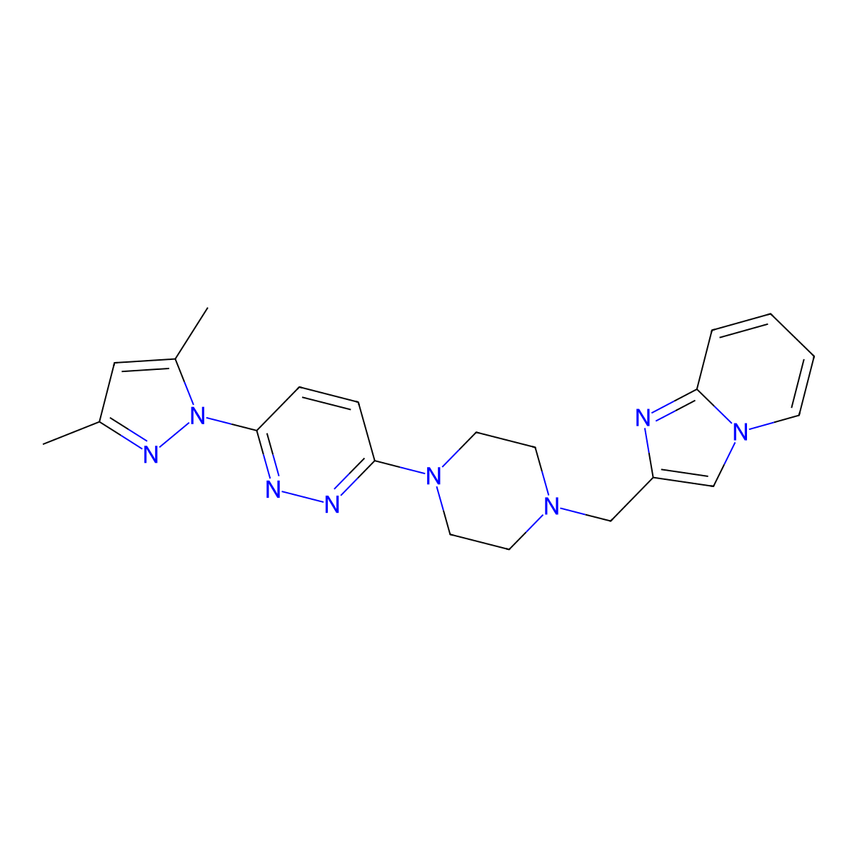3-(3,5-dimethyl-1H-pyrazol-1-yl)-6-[4-({imidazo[1,2-a]pyridin-2-yl}methyl)piperazin-1-yl]pyridazine molecular structure, CAS 2549018-82-6