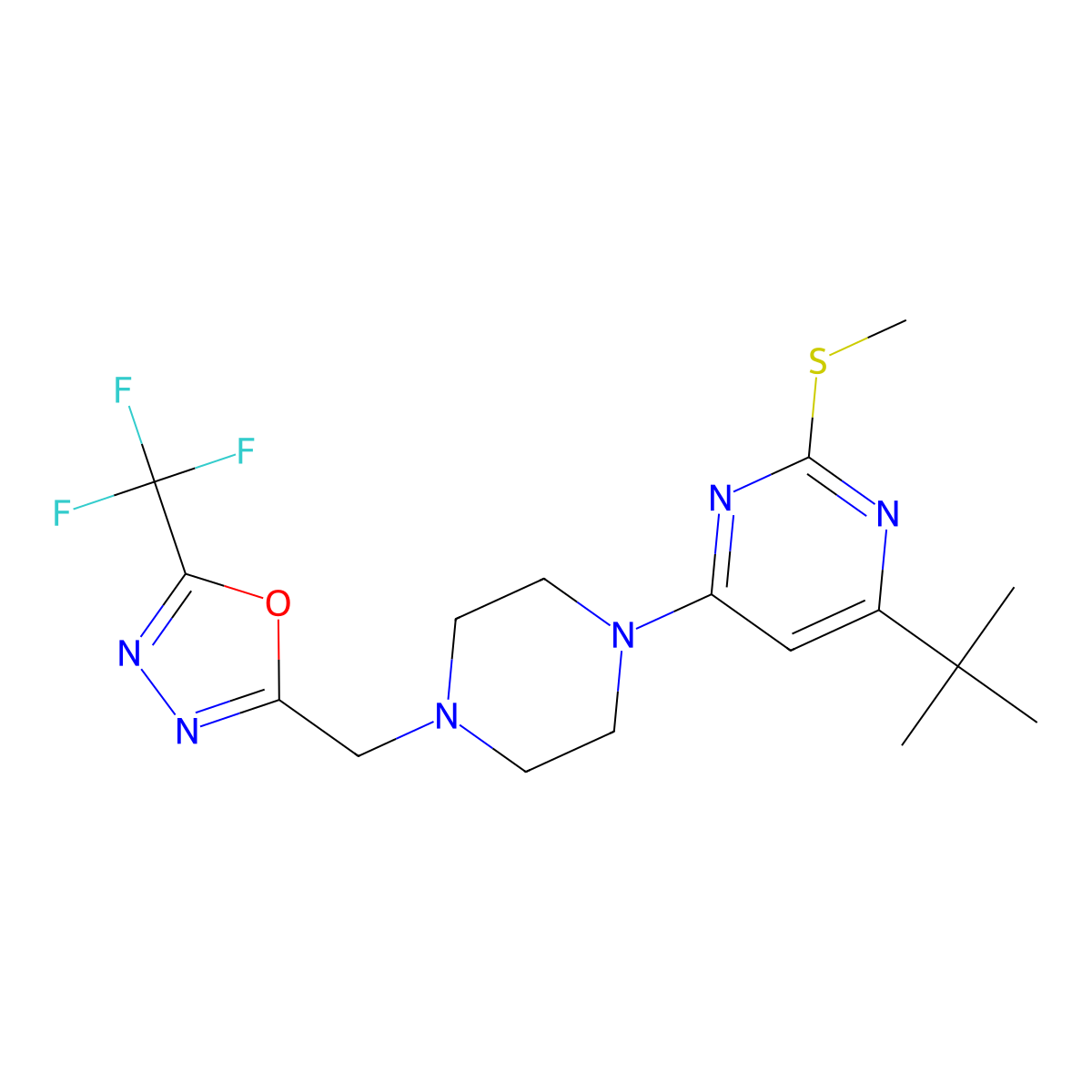 4-Tert-butyl-2-(methylsulfanyl)-6-(4-{[5-(trifluoromethyl)-1,3,4-oxadiazol-2-yl]methyl}piperazin-1-yl)pyrimidine molecular structure, CAS 2549018-84-8