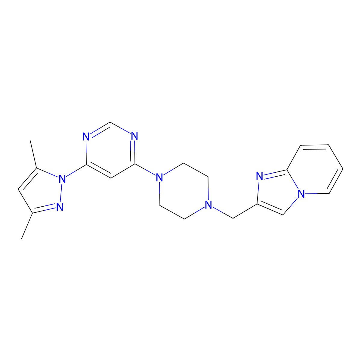 4-(3,5-dimethyl-1H-pyrazol-1-yl)-6-[4-({imidazo[1,2-a]pyridin-2-yl}methyl)piperazin-1-yl]pyrimidine molecular structure, CAS 2549018-88-2