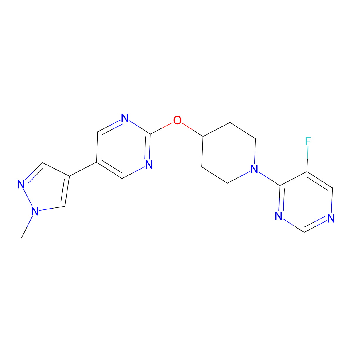 5-fluoro-4-(4-{[5-(1-methyl-1H-pyrazol-4-yl)pyrimidin-2-yl]oxy}piperidin-1-yl)pyrimidine molecular structure, CAS 2549018-93-9
