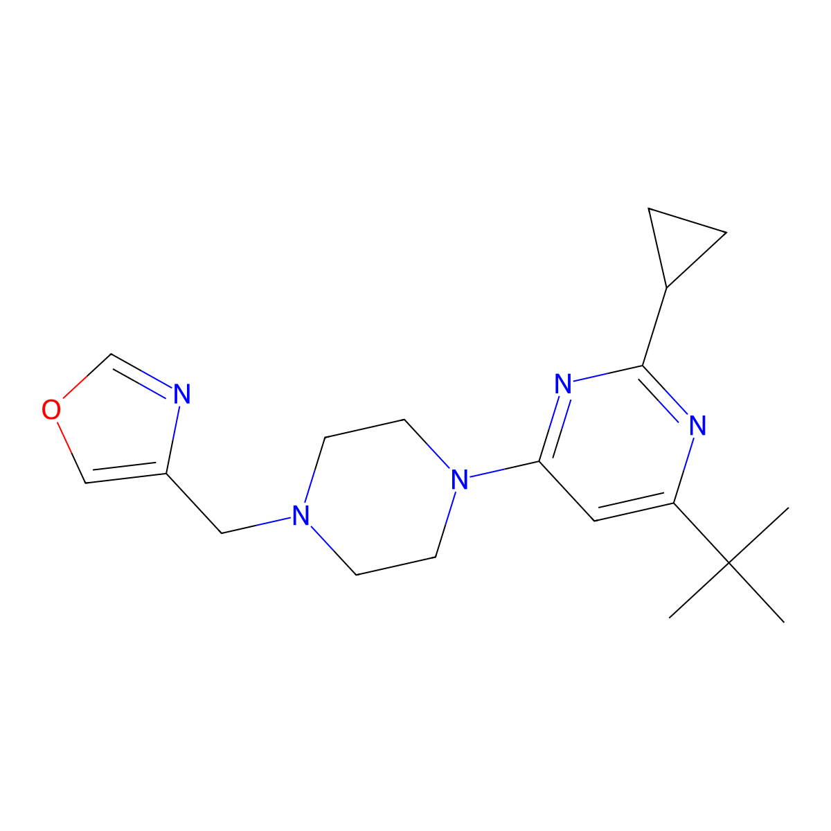 4-Tert-butyl-2-cyclopropyl-6-{4-[(1,3-oxazol-4-yl)methyl]piperazin-1-yl}pyrimidine molecular structure, CAS 2549018-94-0