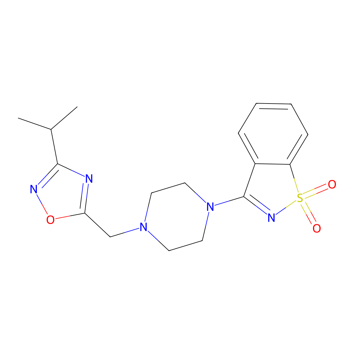 3-(4-{[3-(Propan-2-yl)-1,2,4-oxadiazol-5-yl]methyl}piperazin-1-yl)-1lambda6,2-benzothiazole-1,1-dione molecular structure, CAS 2549018-96-2