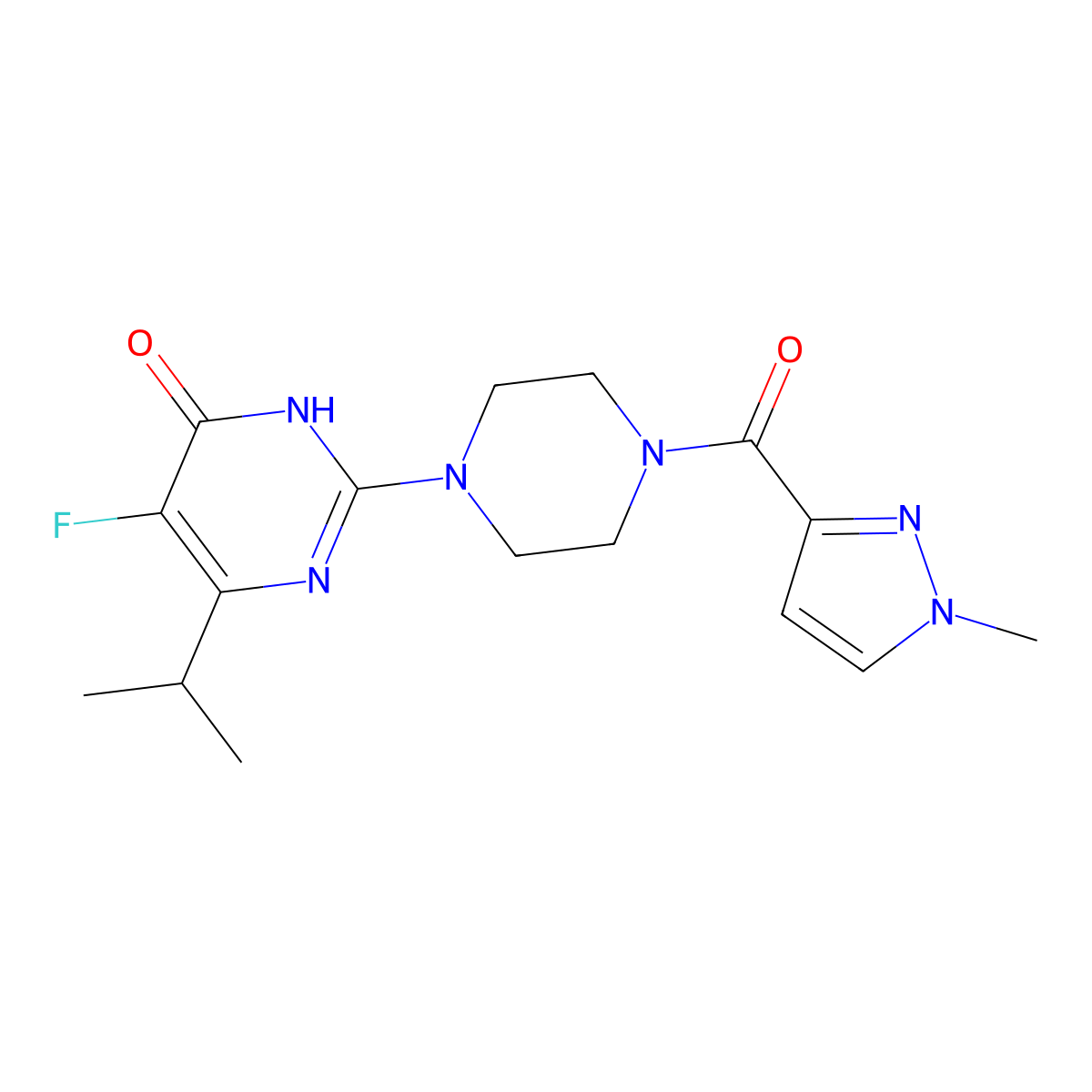 5-fluoro-2-[4-(1-methyl-1H-pyrazole-3-carbonyl)piperazin-1-yl]-6-(propan-2-yl)-3,4-dihydropyrimidin-4-one molecular structure, CAS 2549018-98-4