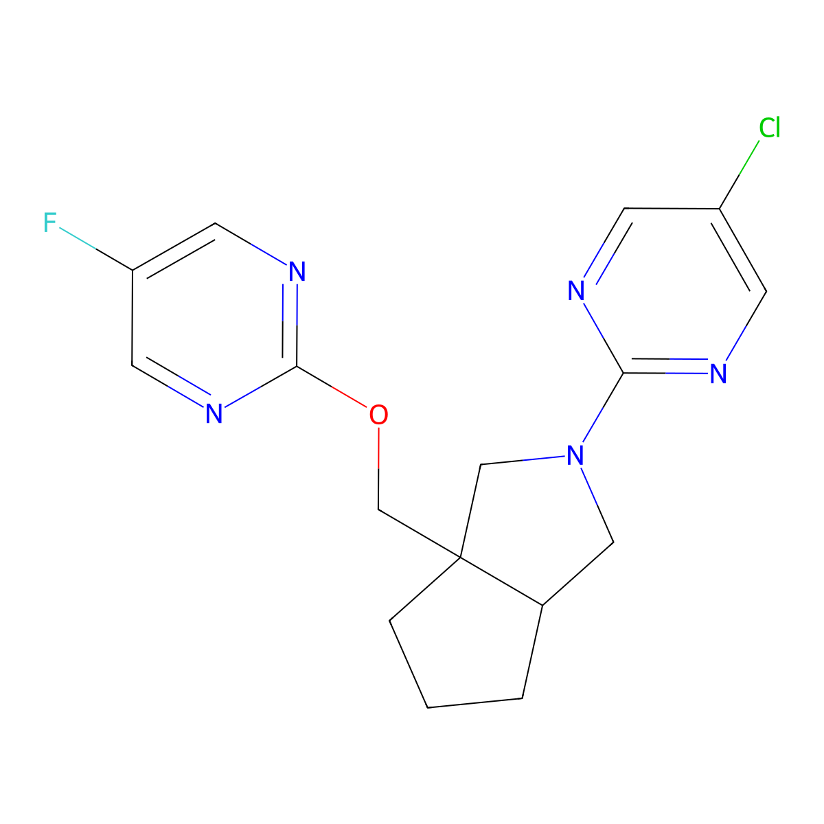 2-(3a-{[(5-Fluoropyrimidin-2-yl)oxy]methyl}-octahydrocyclopenta[c]pyrrol-2-yl)-5-chloropyrimidine molecular structure, CAS 2549019-05-6