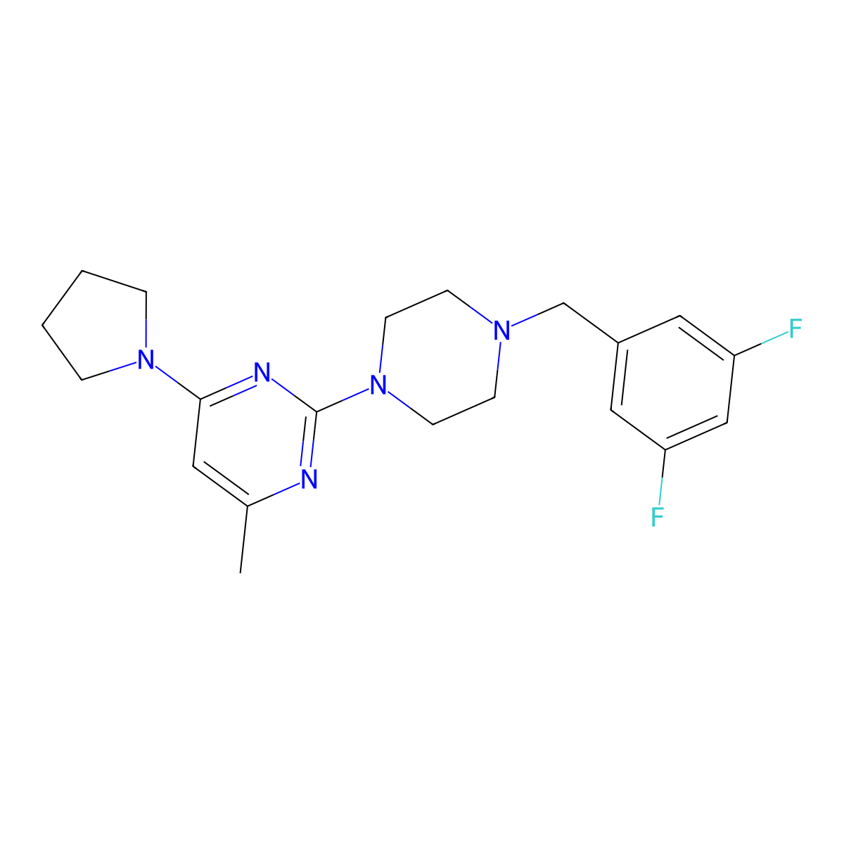 2-{4-[(3,5-Difluorophenyl)methyl]piperazin-1-yl}-4-methyl-6-(pyrrolidin-1-yl)pyrimidine molecular structure, CAS 2549019-07-8