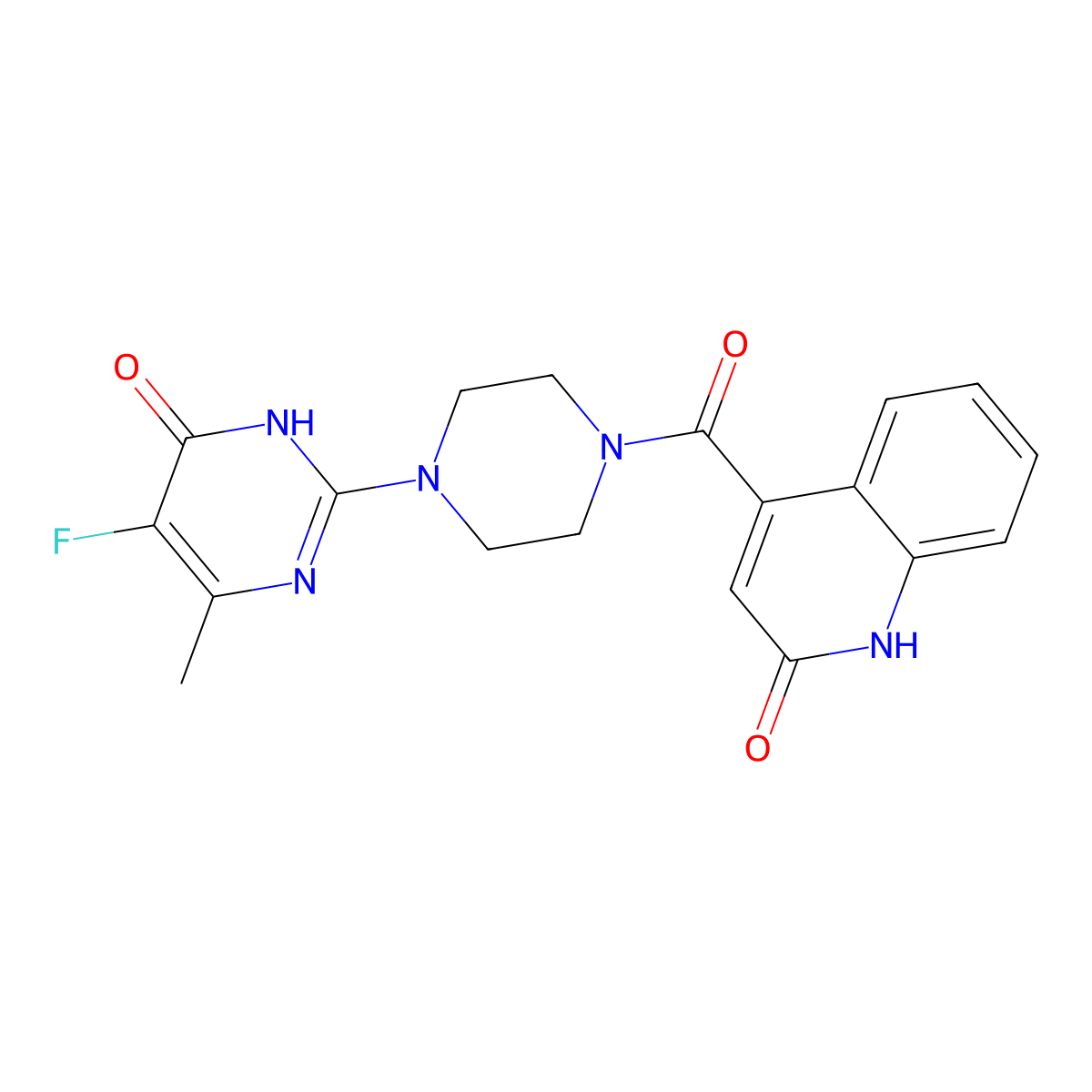 5-Fluoro-2-[4-(2-hydroxyquinoline-4-carbonyl)piperazin-1-yl]-6-methyl-3,4-dihydropyrimidin-4-one molecular structure, CAS 2549019-12-5