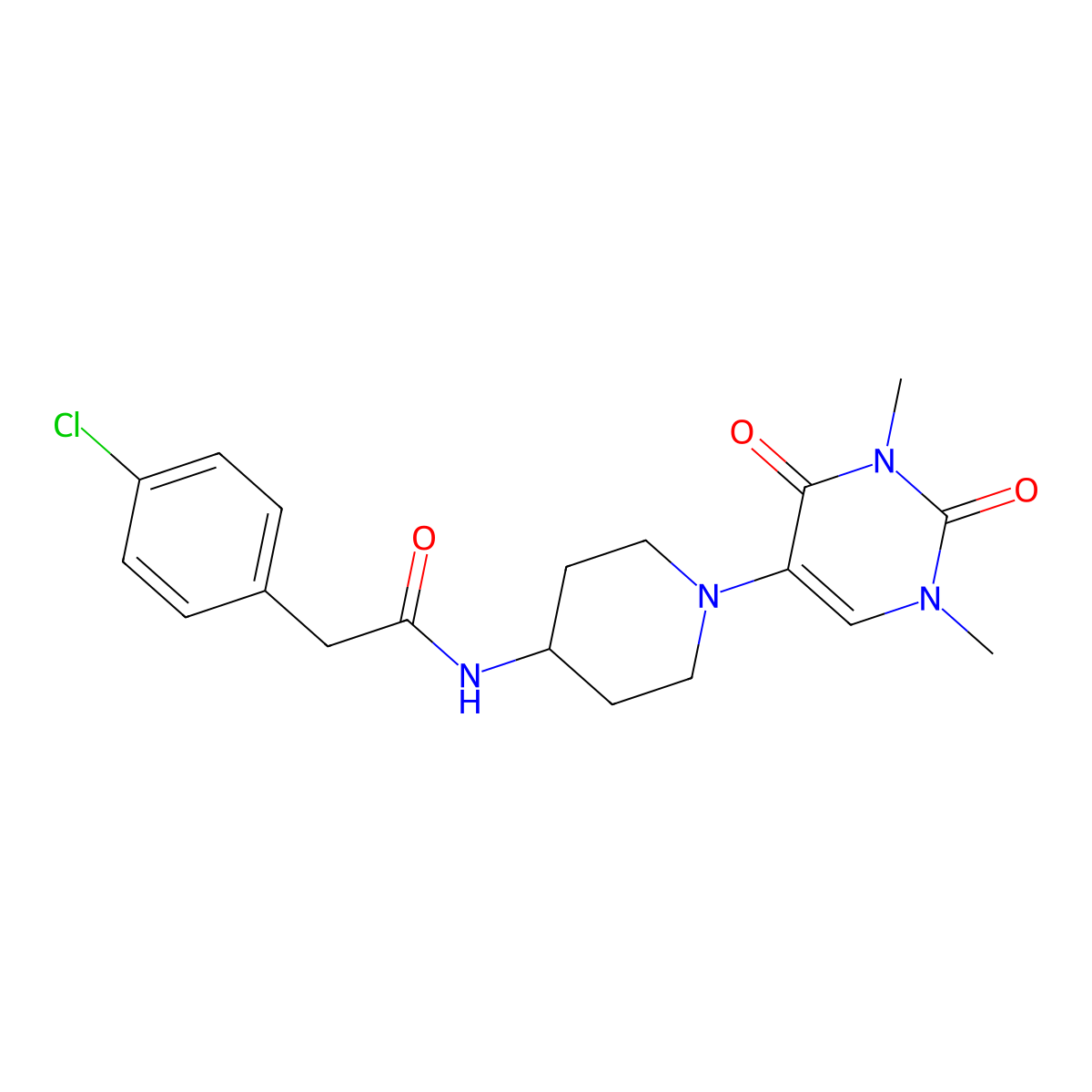 2-(4-chlorophenyl)-N-[1-(1,3-dimethyl-2,4-dioxo-1,2,3,4-tetrahydropyrimidin-5-yl)piperidin-4-yl]acetamide molecular structure, CAS 2549019-14-7