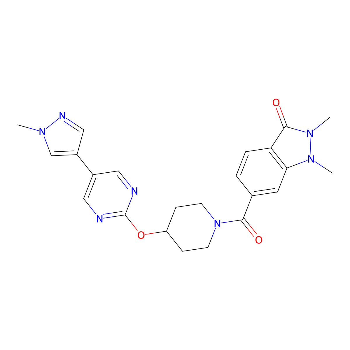 1,2-dimethyl-6-(4-{[5-(1-methyl-1H-pyrazol-4-yl)pyrimidin-2-yl]oxy}piperidine-1-carbonyl)-2,3-dihydro-1H-indazol-3-one molecular structure, CAS 2549019-17-0