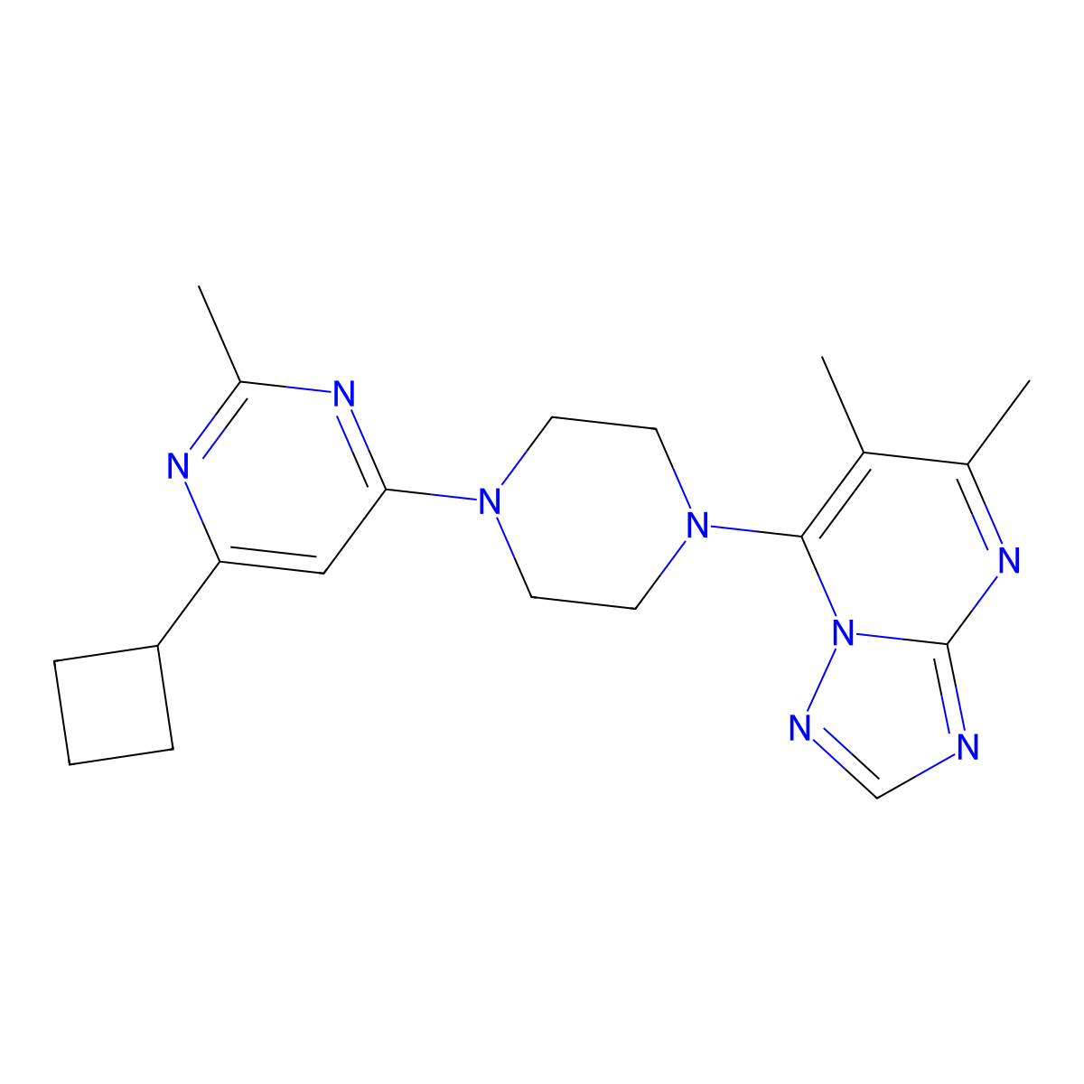 4-Cyclobutyl-6-(4-{5,6-dimethyl-[1,2,4]triazolo[1,5-a]pyrimidin-7-yl}piperazin-1-yl)-2-methylpyrimidine molecular structure, CAS 2549019-18-1