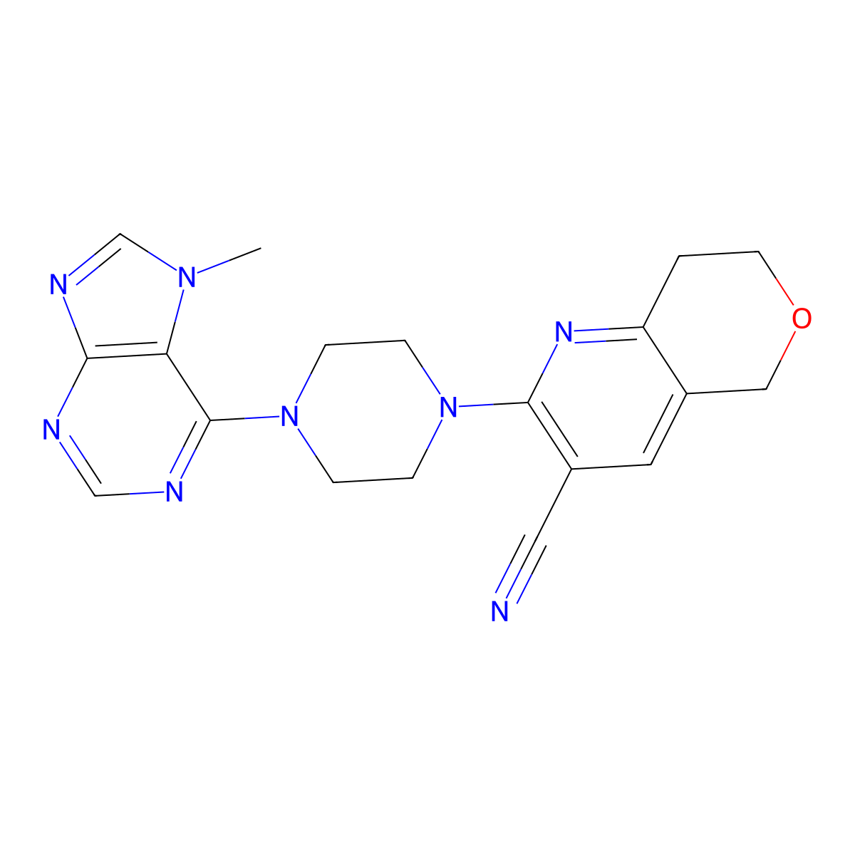2-[4-(7-methyl-7H-purin-6-yl)piperazin-1-yl]-5H,7H,8H-pyrano[4,3-b]pyridine-3-carbonitrile molecular structure, CAS 2549019-22-7