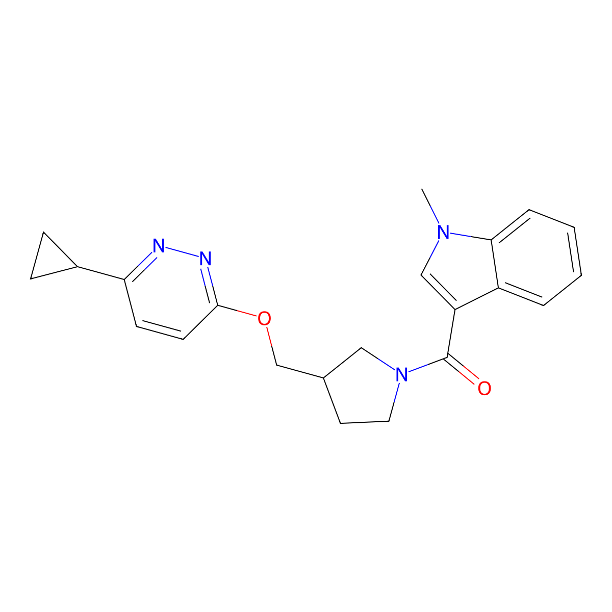 3-(3-{[(6-cyclopropylpyridazin-3-yl)oxy]methyl}pyrrolidine-1-carbonyl)-1-methyl-1H-indole molecular structure, CAS 2549019-35-2