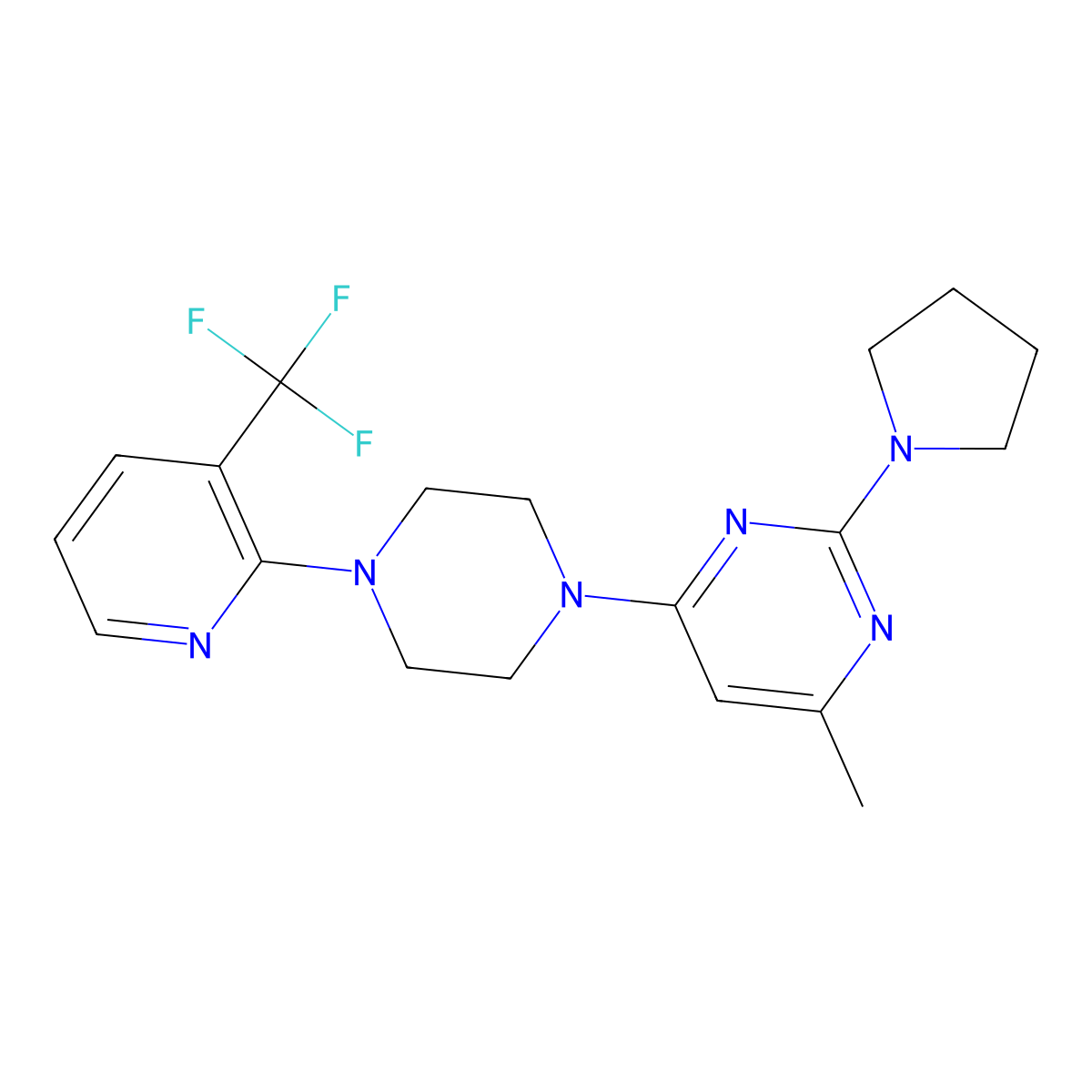 4-Methyl-2-(pyrrolidin-1-yl)-6-{4-[3-(trifluoromethyl)pyridin-2-yl]piperazin-1-yl}pyrimidine molecular structure, CAS 2549019-46-5