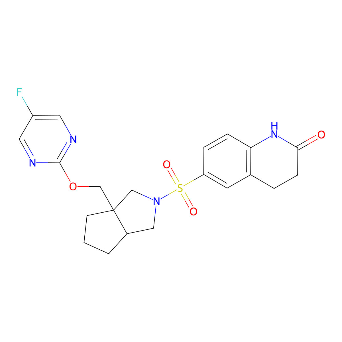 6-[(3a-{[(5-Fluoropyrimidin-2-yl)oxy]methyl}-octahydrocyclopenta[c]pyrrol-2-yl)sulfonyl]-1,2,3,4-tetrahydroquinolin-2-one molecular structure, CAS 2549019-48-7