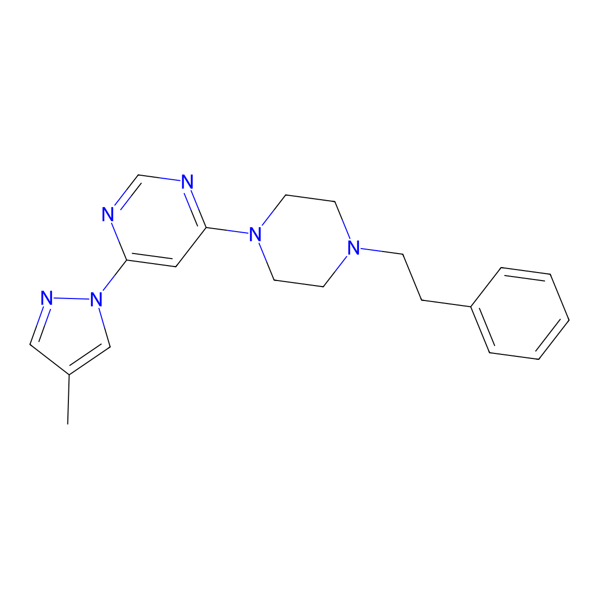 4-(4-methyl-1H-pyrazol-1-yl)-6-[4-(2-phenylethyl)piperazin-1-yl]pyrimidine molecular structure, CAS 2549019-52-3