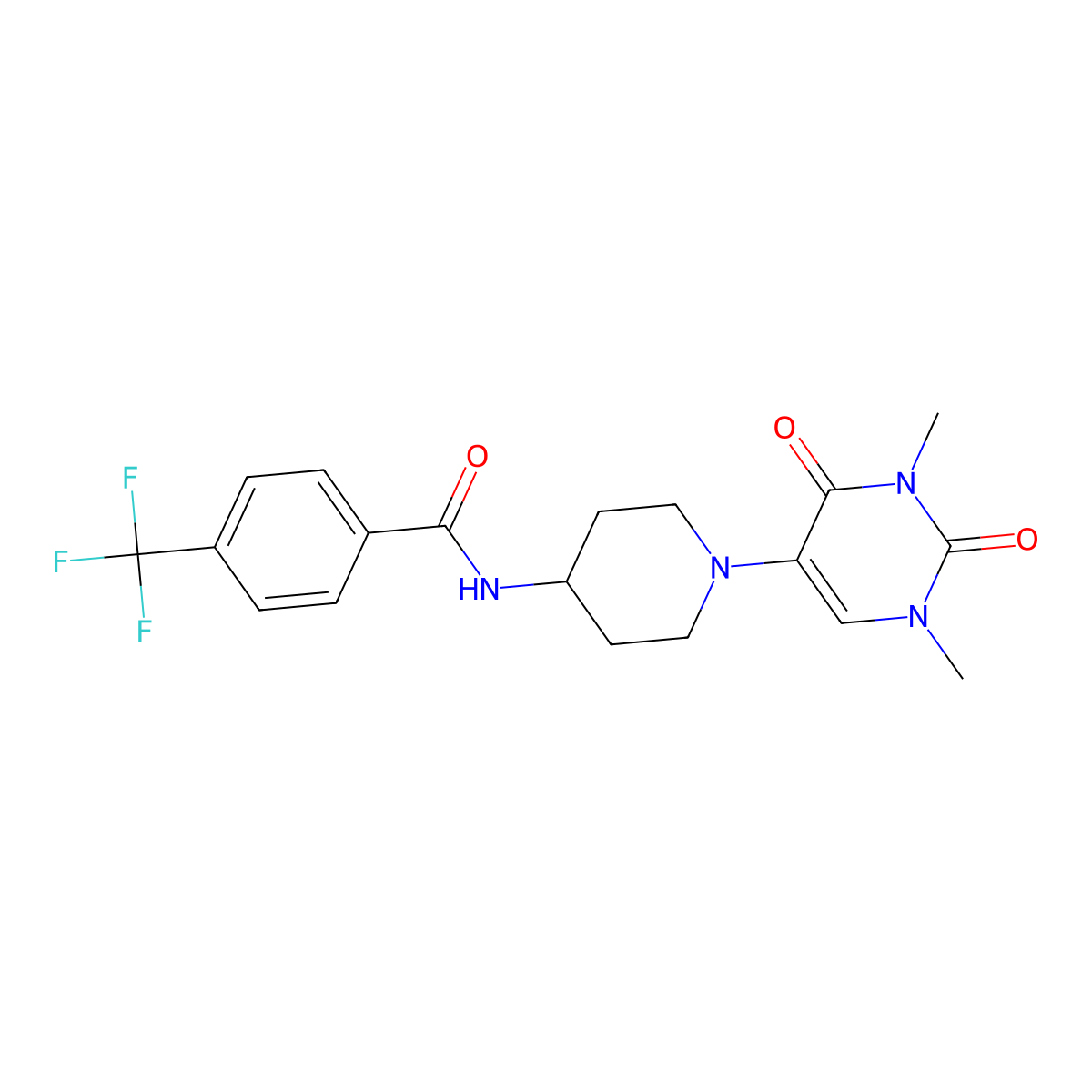 N-[1-(1,3-dimethyl-2,4-dioxo-1,2,3,4-tetrahydropyrimidin-5-yl)piperidin-4-yl]-4-(trifluoromethyl)benzamide molecular structure, CAS 2549019-59-0