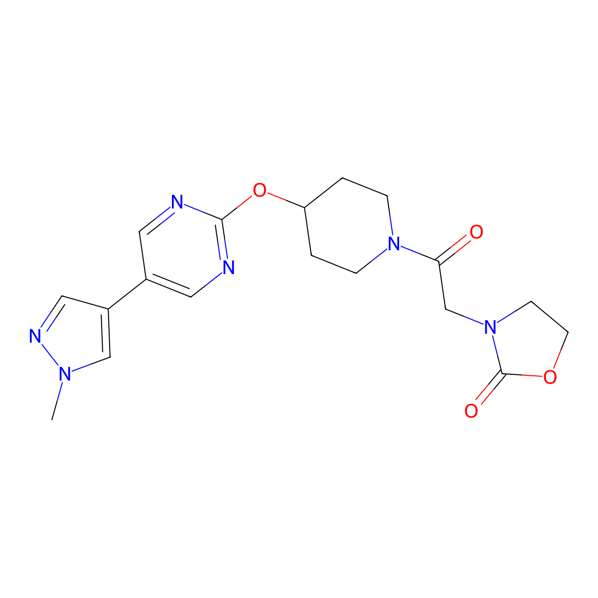 3-[2-(4-{[5-(1-methyl-1H-pyrazol-4-yl)pyrimidin-2-yl]oxy}piperidin-1-yl)-2-oxoethyl]-1,3-oxazolidin-2-one molecular structure, CAS 2549019-68-1