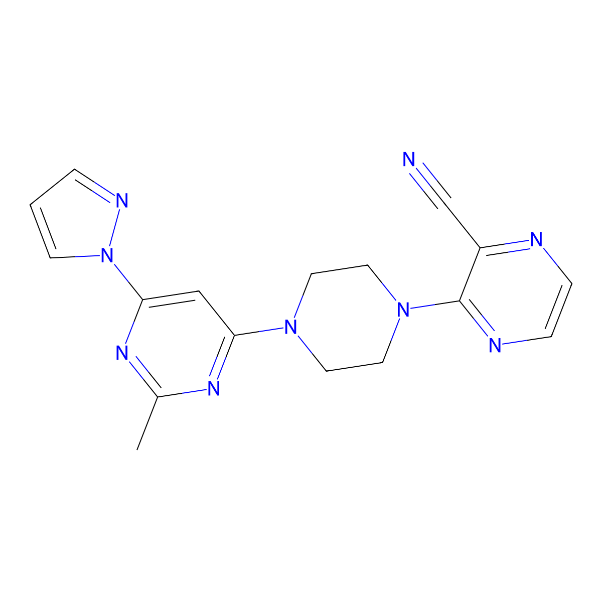 3-{4-[2-methyl-6-(1H-pyrazol-1-yl)pyrimidin-4-yl]piperazin-1-yl}pyrazine-2-carbonitrile molecular structure, CAS 2549019-73-8