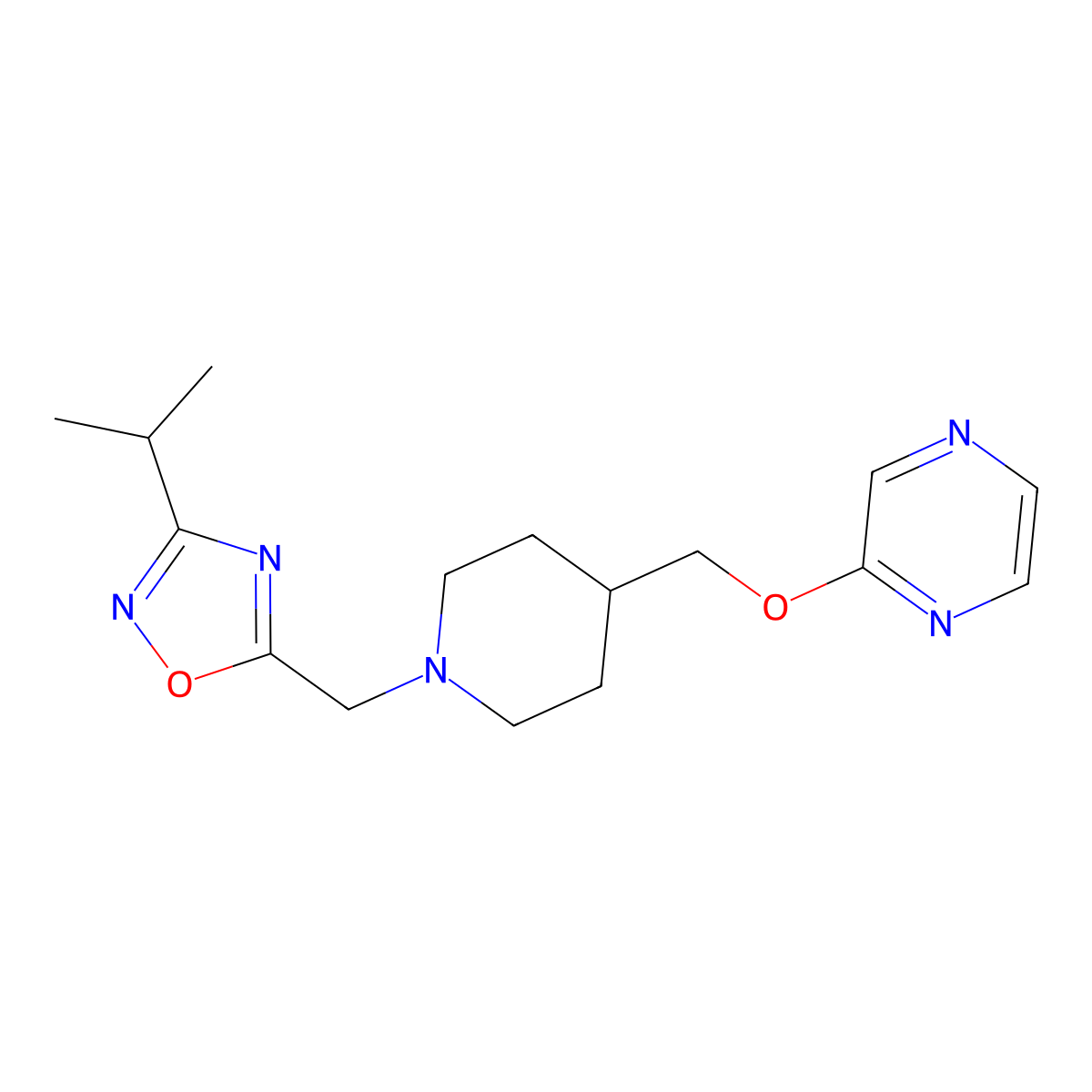 2-[(1-{[3-(Propan-2-yl)-1,2,4-oxadiazol-5-yl]methyl}piperidin-4-yl)methoxy]pyrazine molecular structure, CAS 2549019-77-2