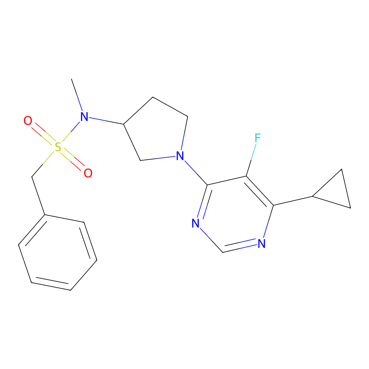 N-[1-(6-cyclopropyl-5-fluoropyrimidin-4-yl)pyrrolidin-3-yl]-N-methyl-1-phenylmethanesulfonamide molecular structure, CAS 2549019-85-2