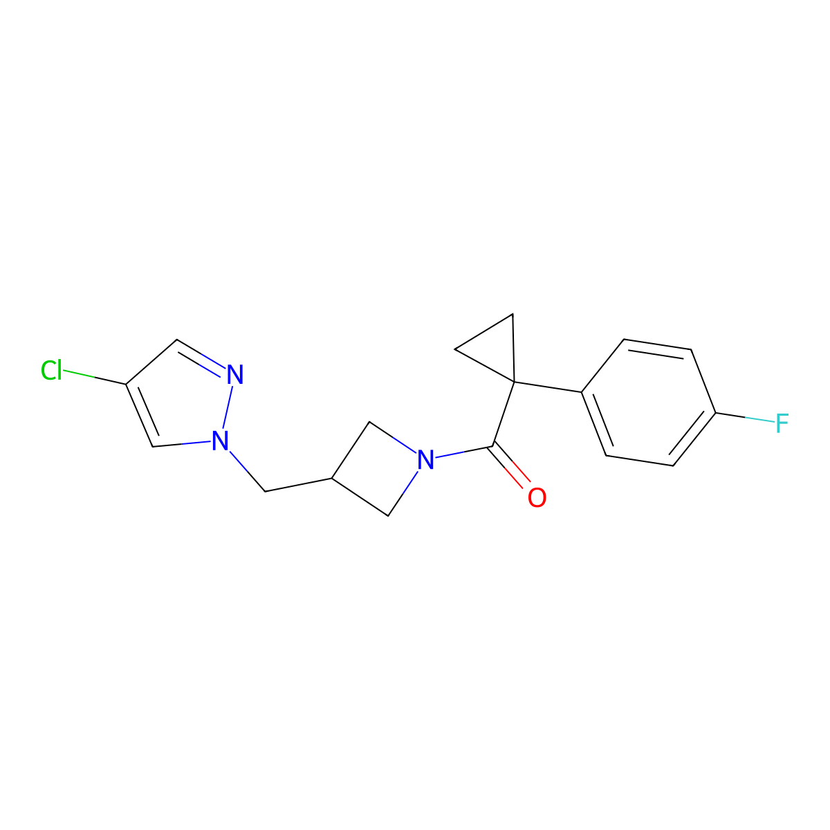 4-chloro-1-({1-[1-(4-fluorophenyl)cyclopropanecarbonyl]azetidin-3-yl}methyl)-1H-pyrazole molecular structure, CAS 2549019-86-3