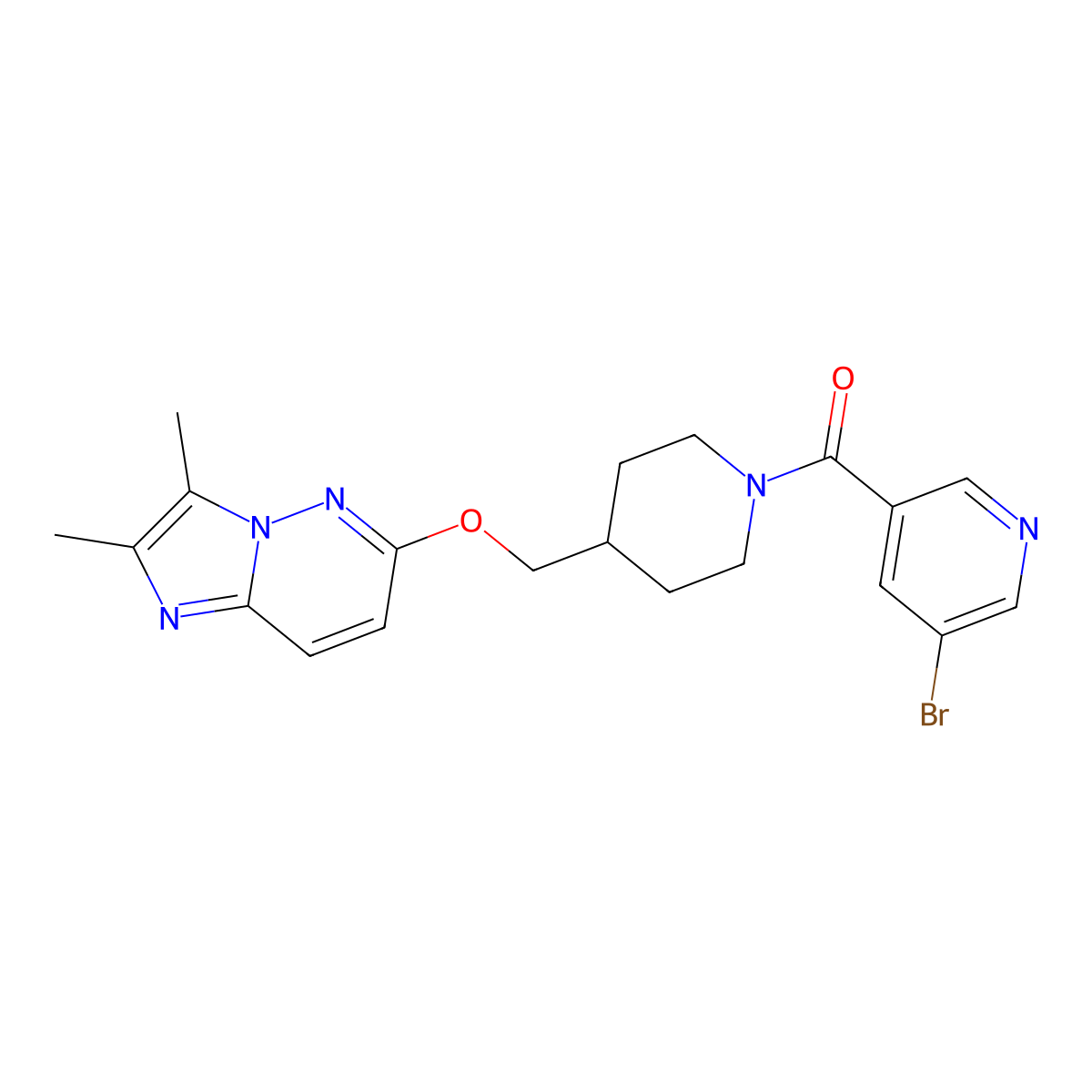 3-Bromo-5-{4-[({2,3-dimethylimidazo[1,2-b]pyridazin-6-yl}oxy)methyl]piperidine-1-carbonyl}pyridine molecular structure, CAS 2549019-87-4