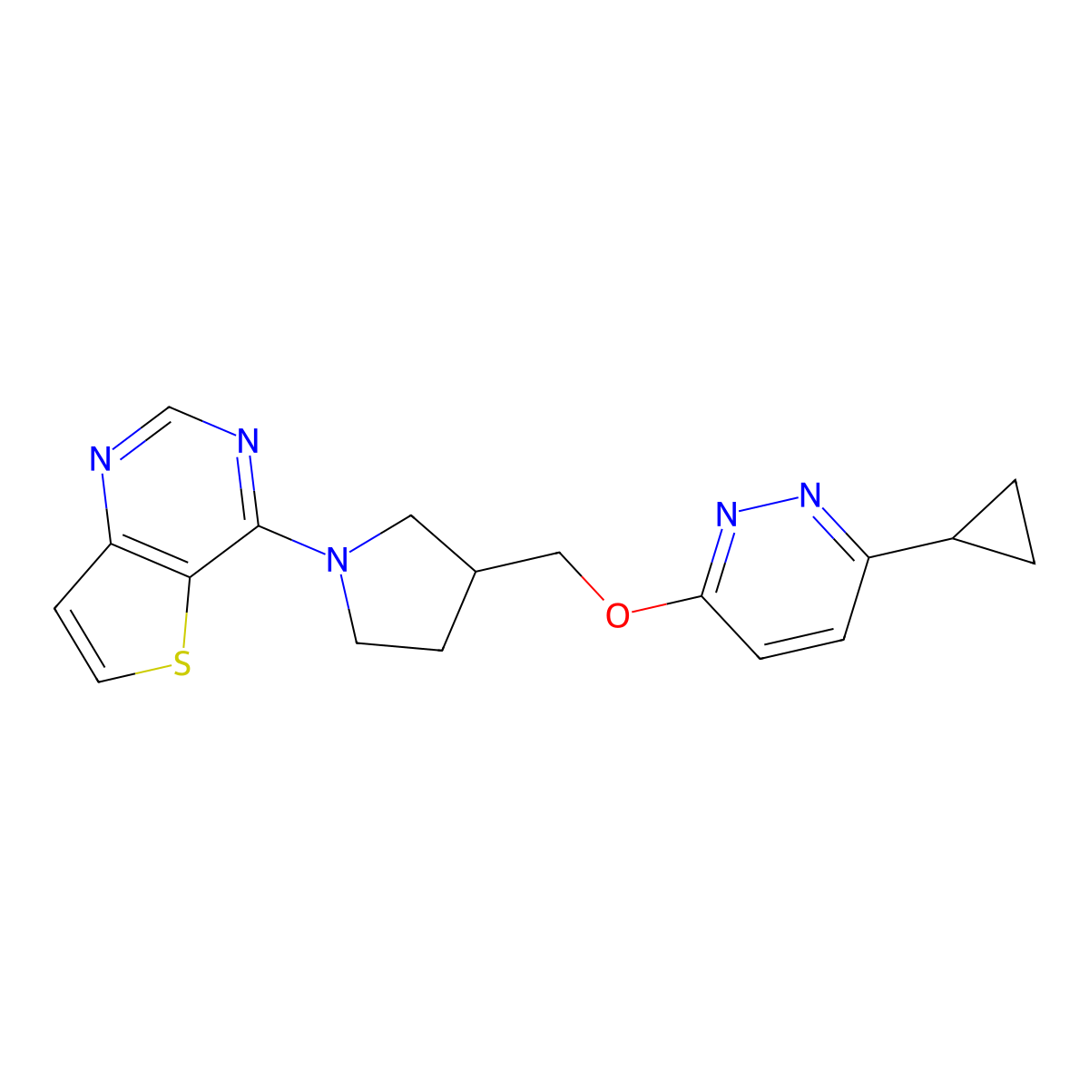 3-Cyclopropyl-6-[(1-{thieno[3,2-d]pyrimidin-4-yl}pyrrolidin-3-yl)methoxy]pyridazine molecular structure, CAS 2549019-99-8