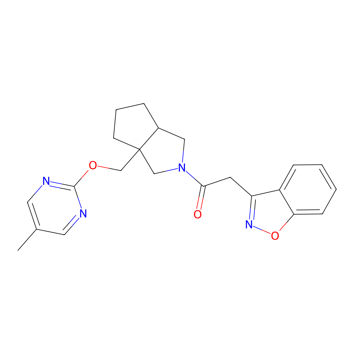 1-(3a-{[(5-Methylpyrimidin-2-yl)oxy]methyl}-octahydrocyclopenta[c]pyrrol-2-yl)-2-(1,2-benzoxazol-3-yl)ethan-1-one molecular structure, CAS 2549020-02-0