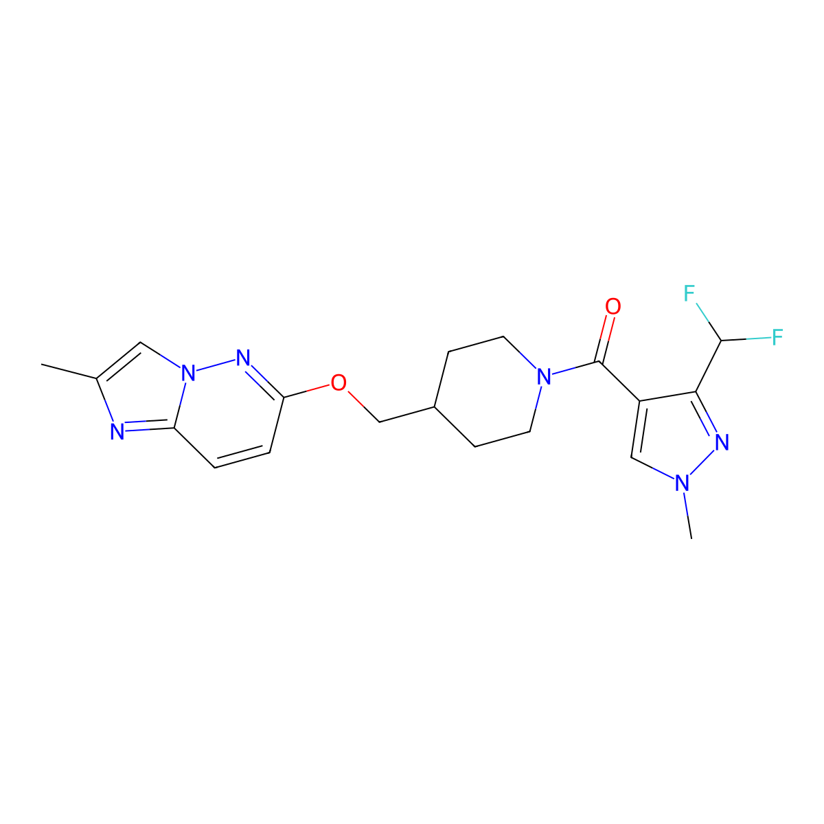 1-[3-(difluoromethyl)-1-methyl-1H-pyrazole-4-carbonyl]-4-[({2-methylimidazo[1,2-b]pyridazin-6-yl}oxy)methyl]piperidine molecular structure, CAS 2549020-03-1