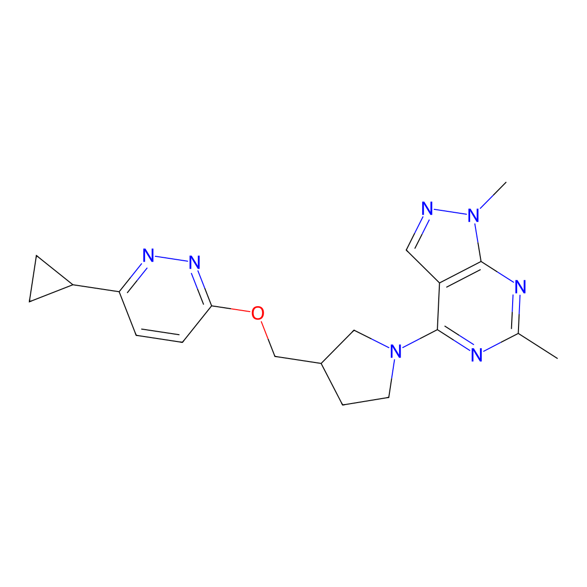 3-cyclopropyl-6-[(1-{1,6-dimethyl-1H-pyrazolo[3,4-d]pyrimidin-4-yl}pyrrolidin-3-yl)methoxy]pyridazine molecular structure, CAS 2549020-10-0